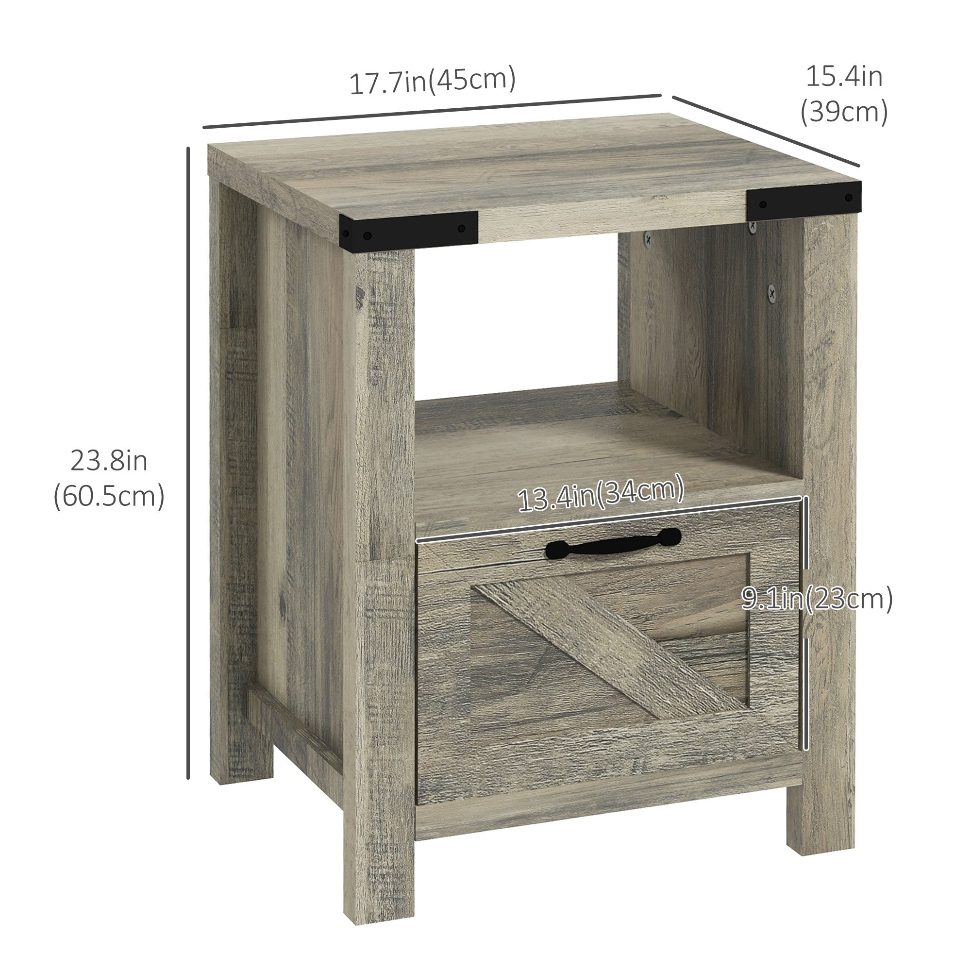 HOMCOM Side Table with Storage, Farmhouse End Table with Drawer, Open Shelf and Barn-style Panel, Accent Table for Living Room, Bedroom, Grey