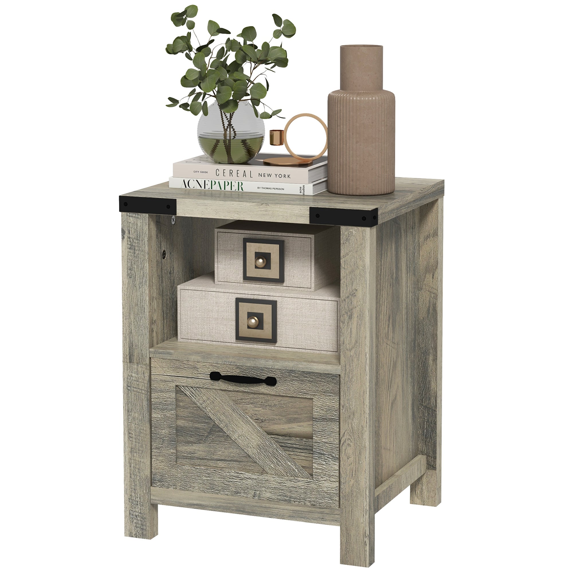 HOMCOM Side Table with Storage, Farmhouse End Table with Drawer, Open Shelf and Barn-style Panel, Accent Table for Living Room, Bedroom, Grey