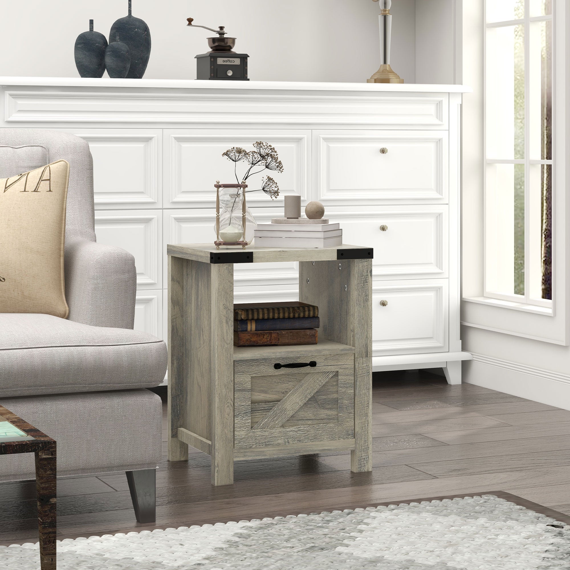 HOMCOM Side Table with Storage, Farmhouse End Table with Drawer, Open Shelf and Barn-style Panel, Accent Table for Living Room, Bedroom, Grey