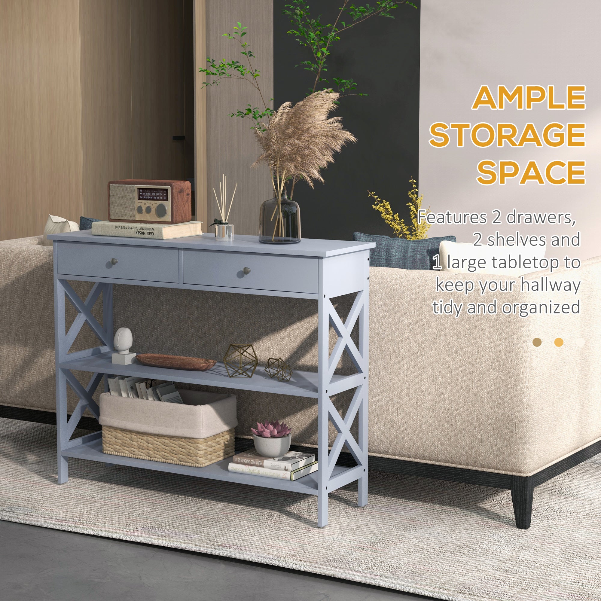 HOMCOM Console Table Sofa Side Desk with Storage Shelves Drawers X Frame for Living Room Entryway Grey