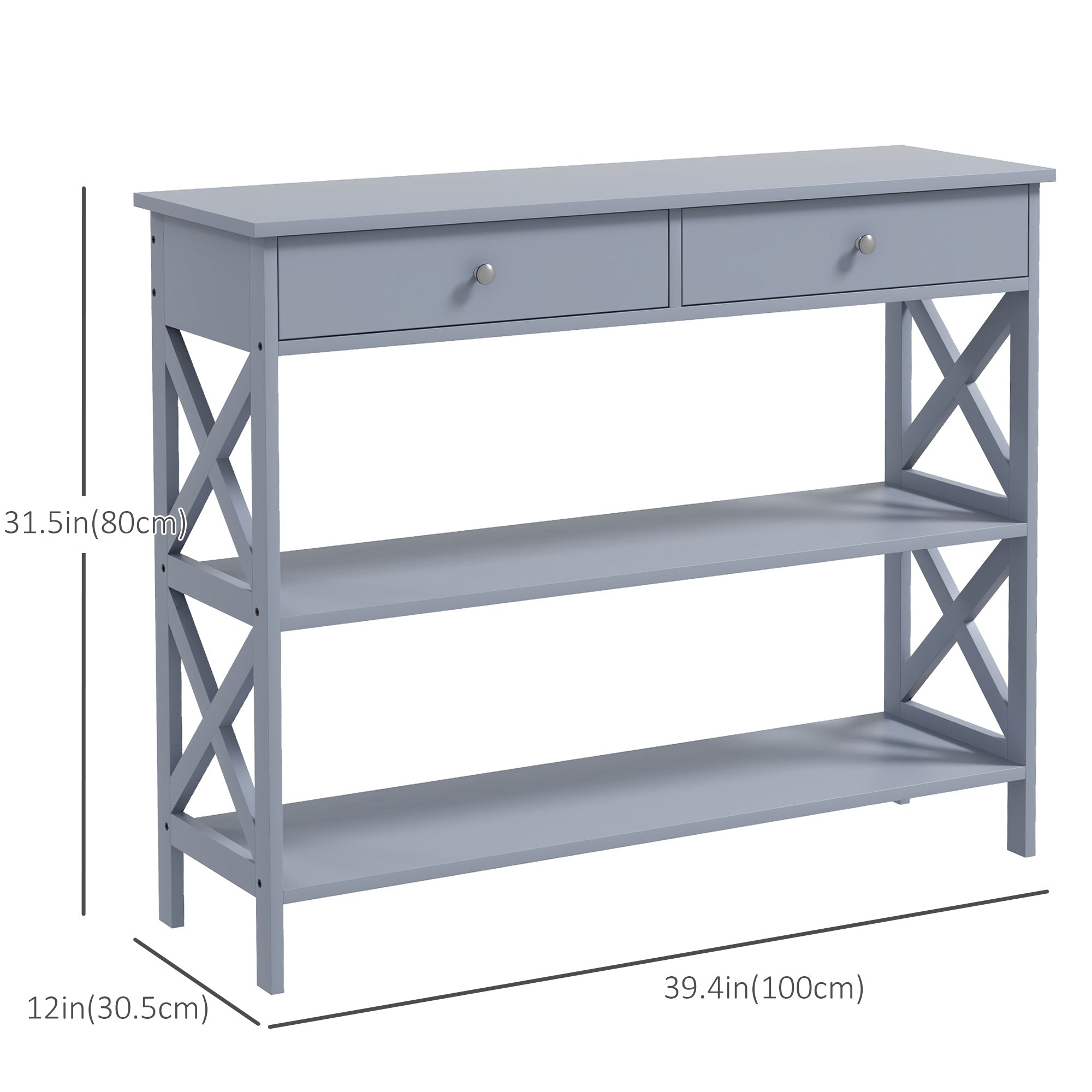 HOMCOM Console Table Sofa Side Desk with Storage Shelves Drawers X Frame for Living Room Entryway Grey