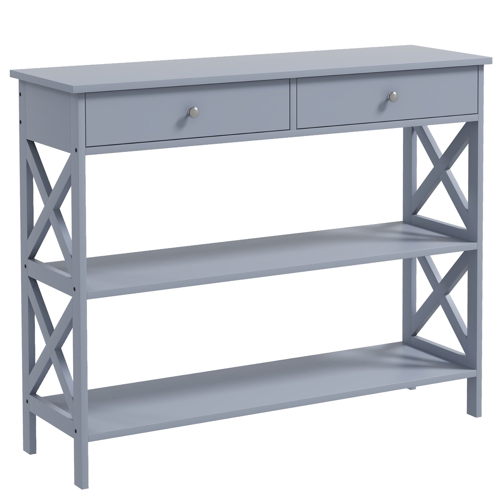 HOMCOM Console Table Sofa Side Desk with Storage Shelves Drawers X Frame for Living Room Entryway Grey