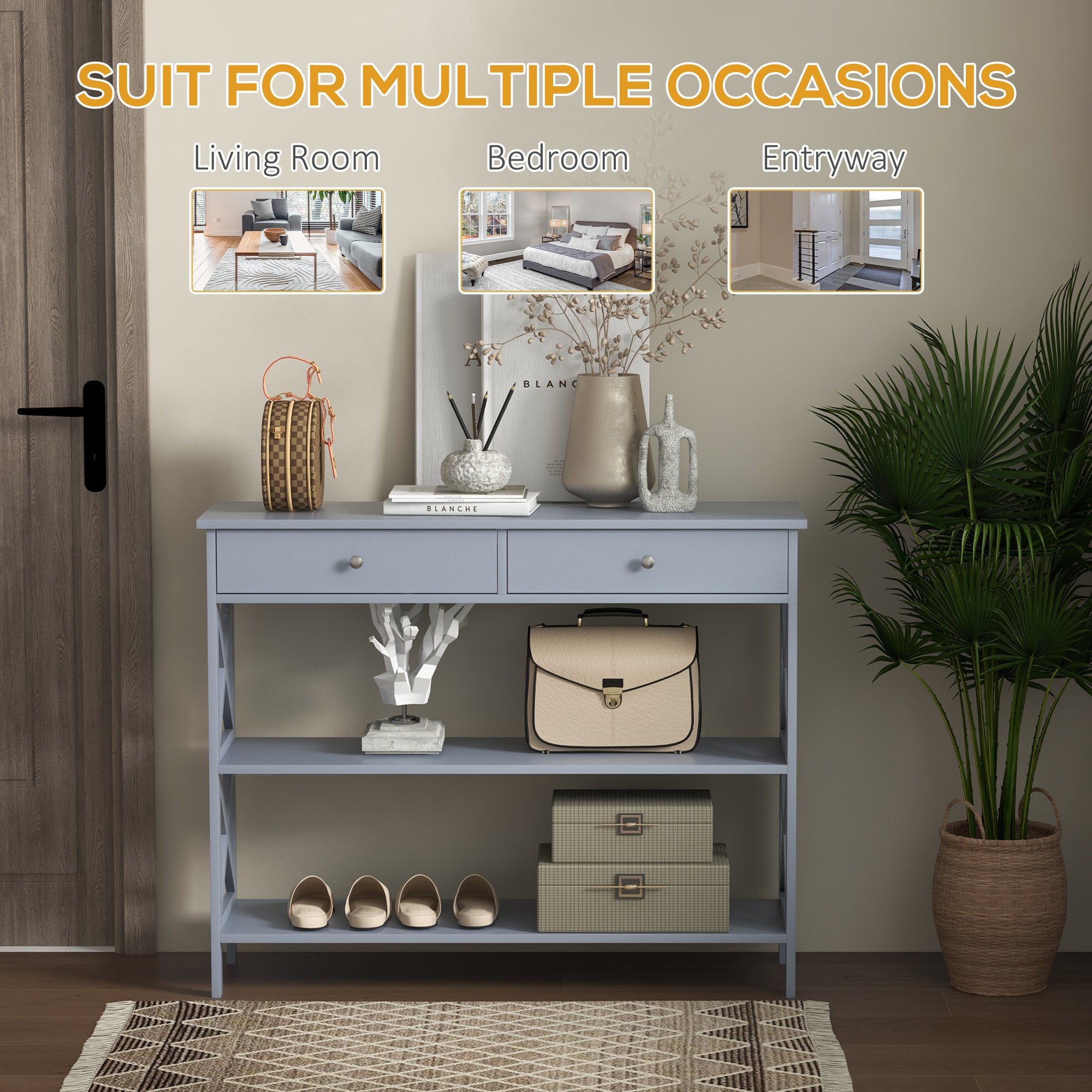 HOMCOM Console Table Sofa Side Desk with Storage Shelves Drawers X Frame for Living Room Entryway Grey