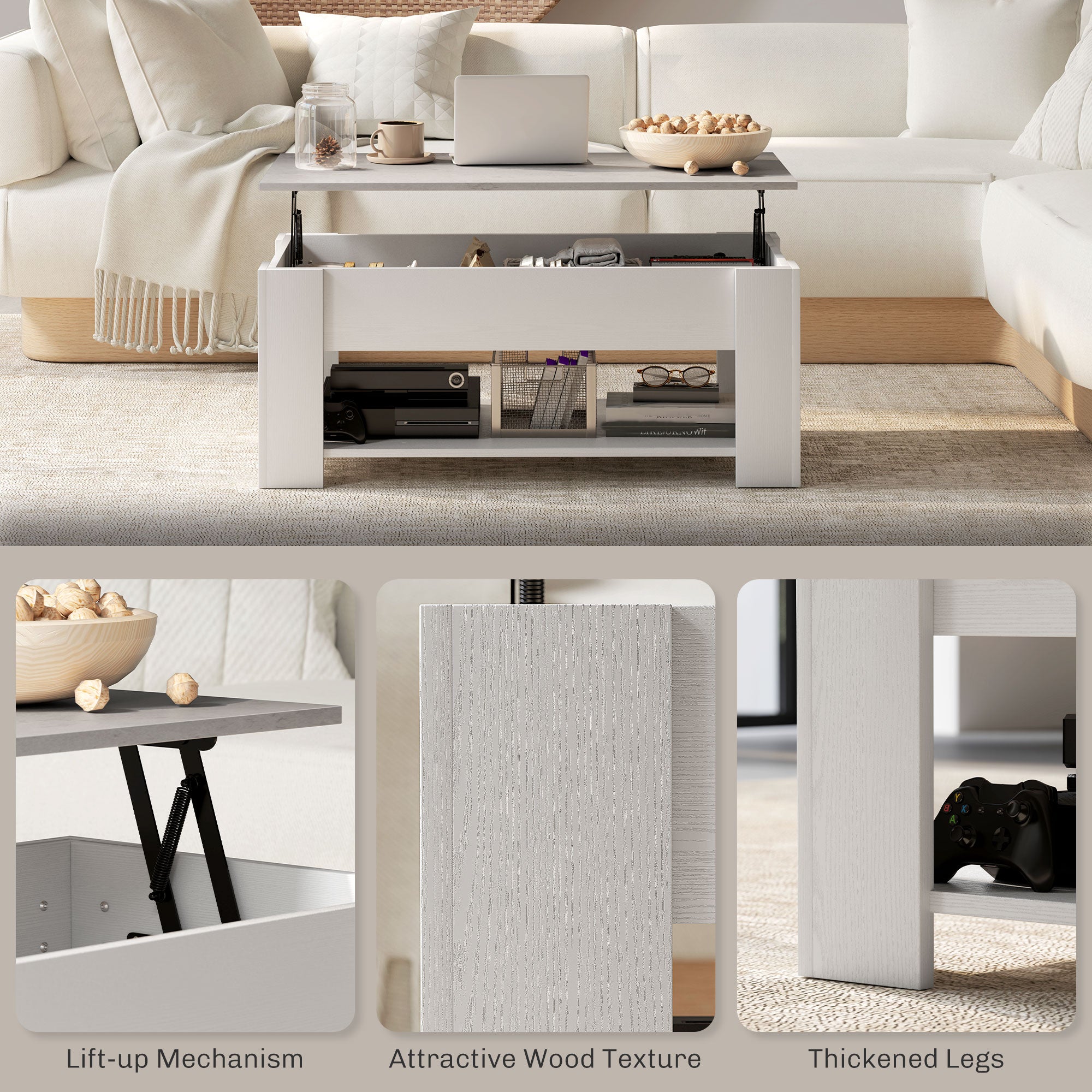 HOMCOM Lift Top Coffee Table with Hidden Storage Compartment and Open Shelf, Center Table for Living Room, White