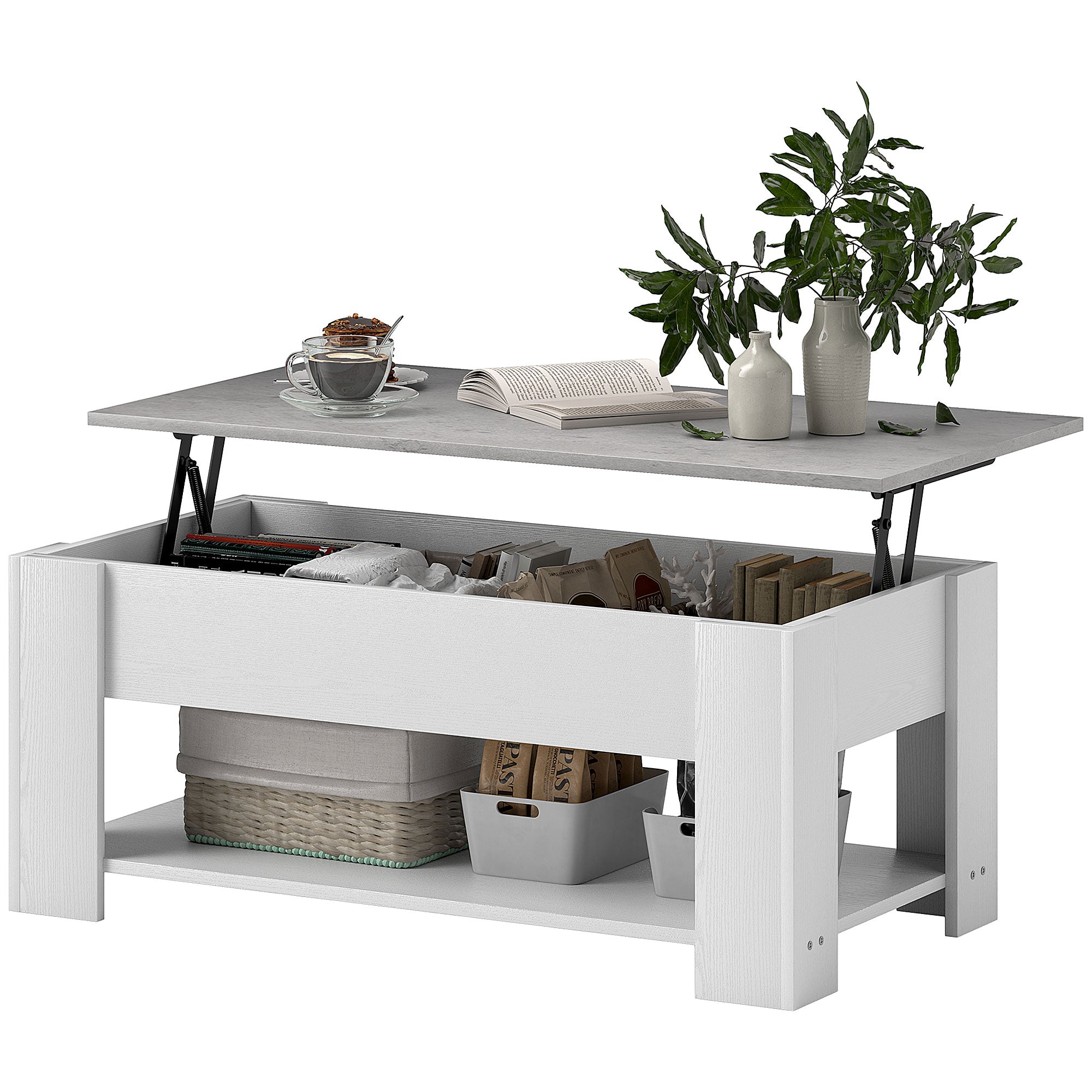 HOMCOM Lift Top Coffee Table with Hidden Storage Compartment and Open Shelf, Center Table for Living Room, White