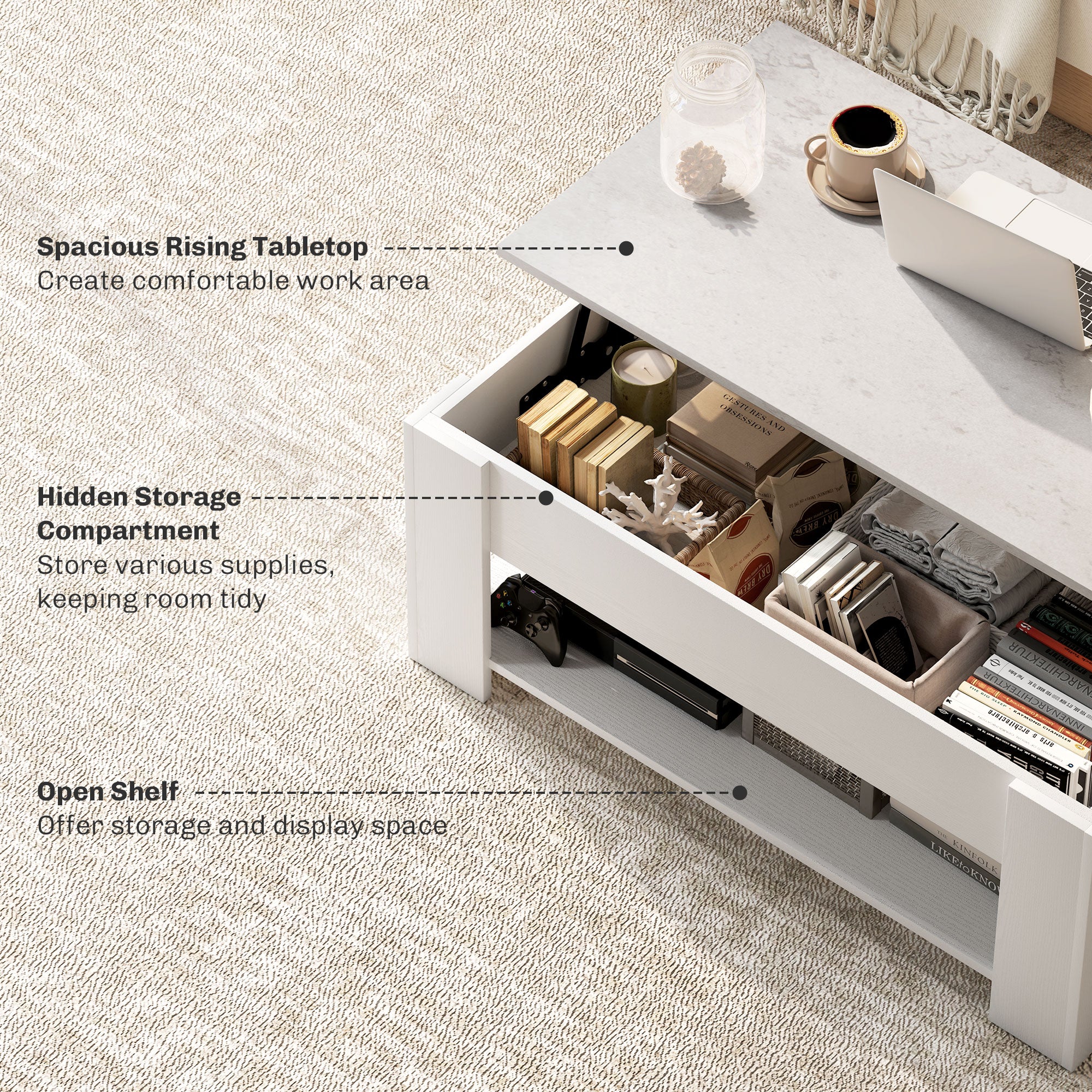 HOMCOM Lift Top Coffee Table with Hidden Storage Compartment and Open Shelf, Center Table for Living Room, White