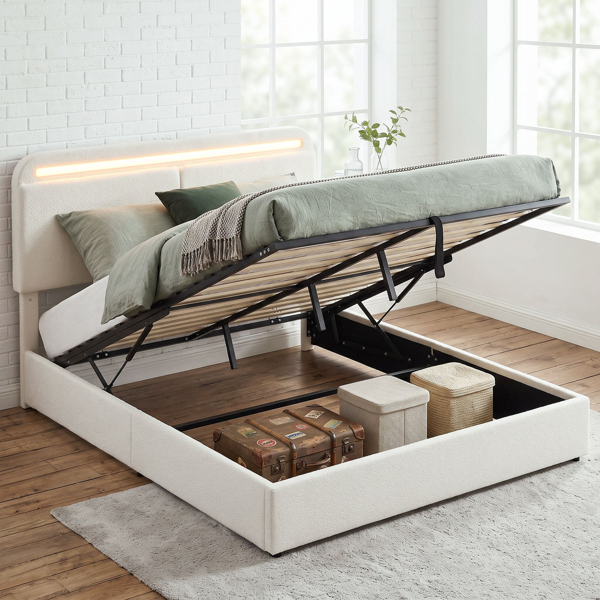 Queen Bed Frame with Charging Station, LED Lights, Adjustable Headboard, Fabric Platform Bed Frame, Wood Slat Support, Noise Free, No Box Spring Needed, Easy Assembly, White