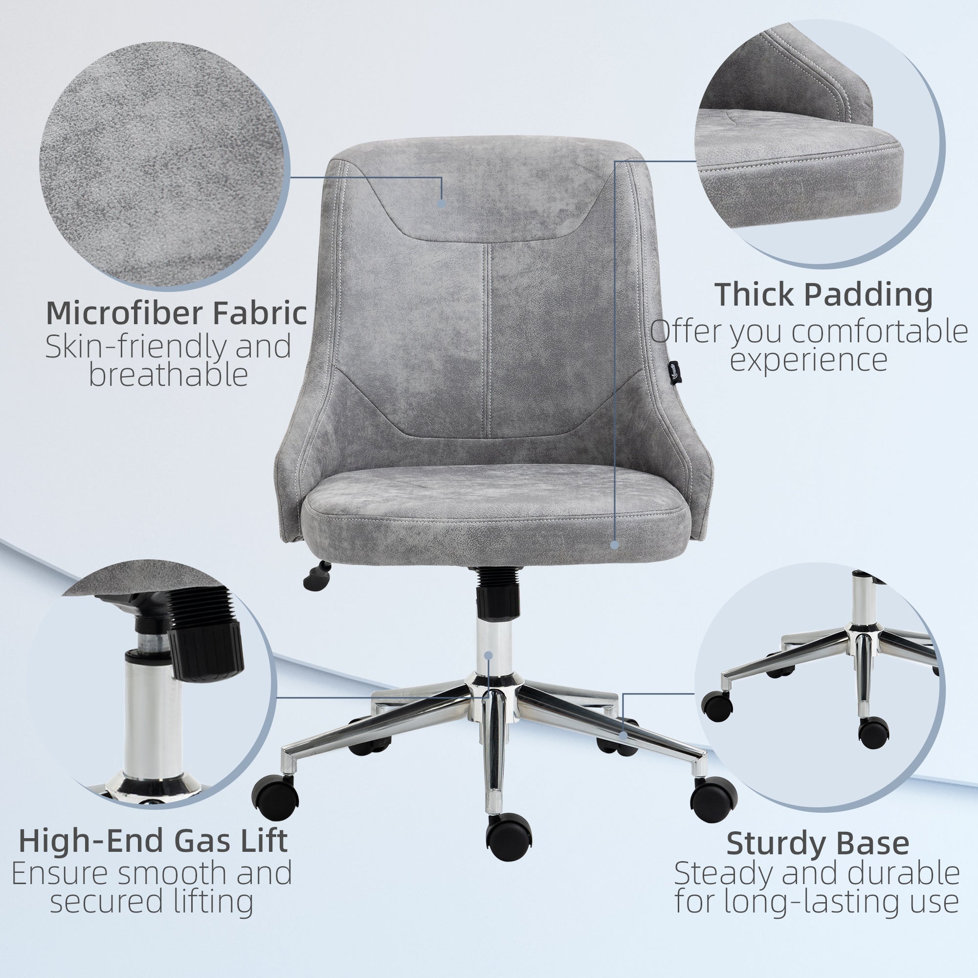 Vinsetto Mid-Back Home Office Chair, Height Adjustable Task Chair with 360 Degree Swivel and Tilt Function, Light Grey