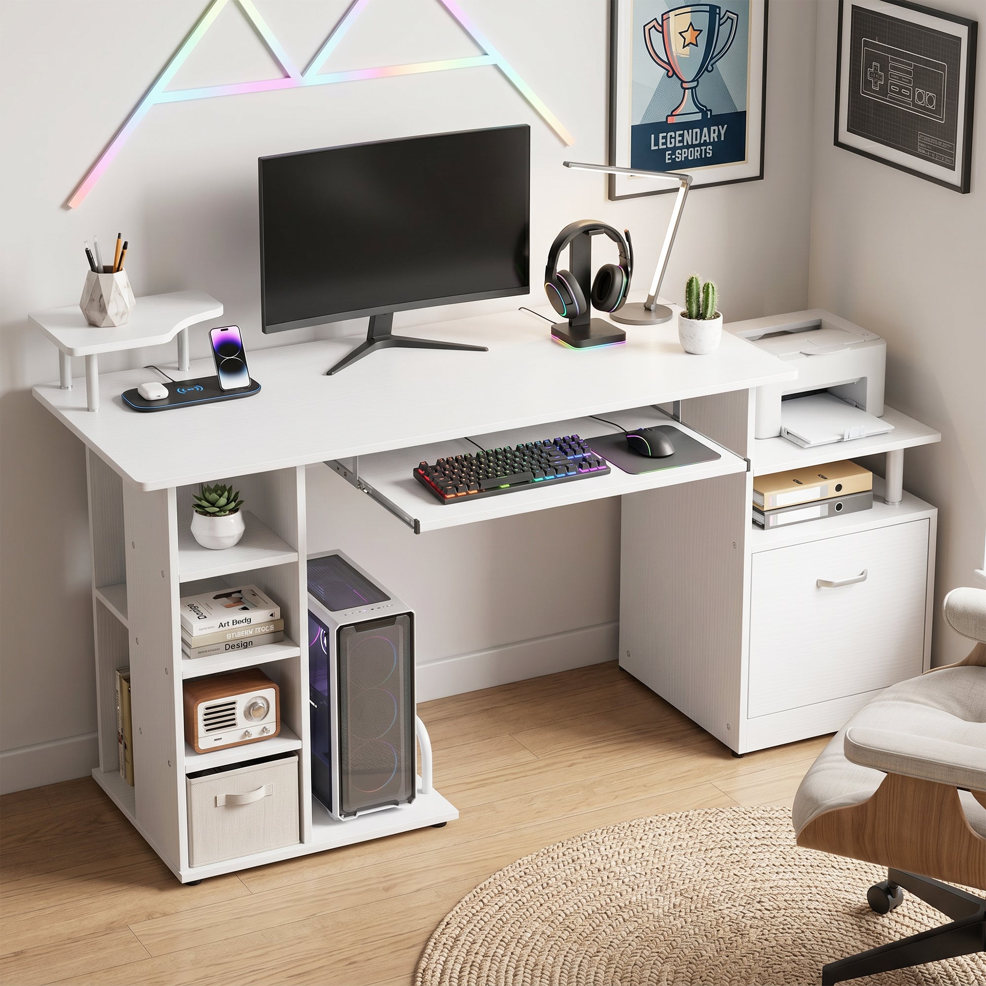 Computer Desk PC Workstation with Drawer Shelves CPU Storage Rack Home Office Furniture 152 x 60 x 88 cm White Wood Effect