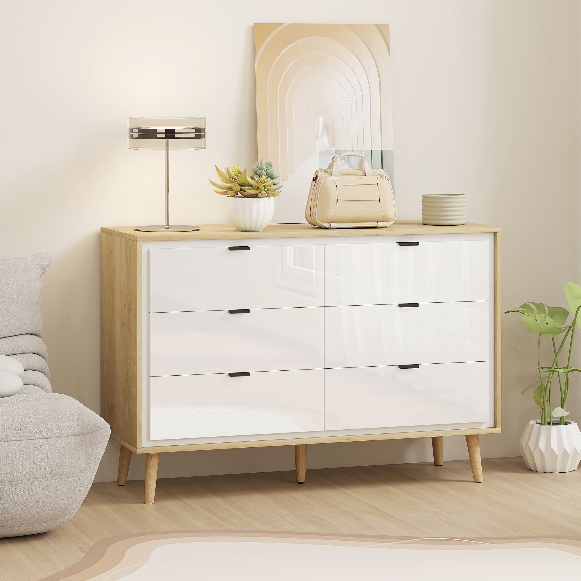 Chest of Drawers, 6 Drawer Dresser, Storage Cabinet with 6  Drawers and 5 Legs for Bedroom, Living Room,  High Gloss White