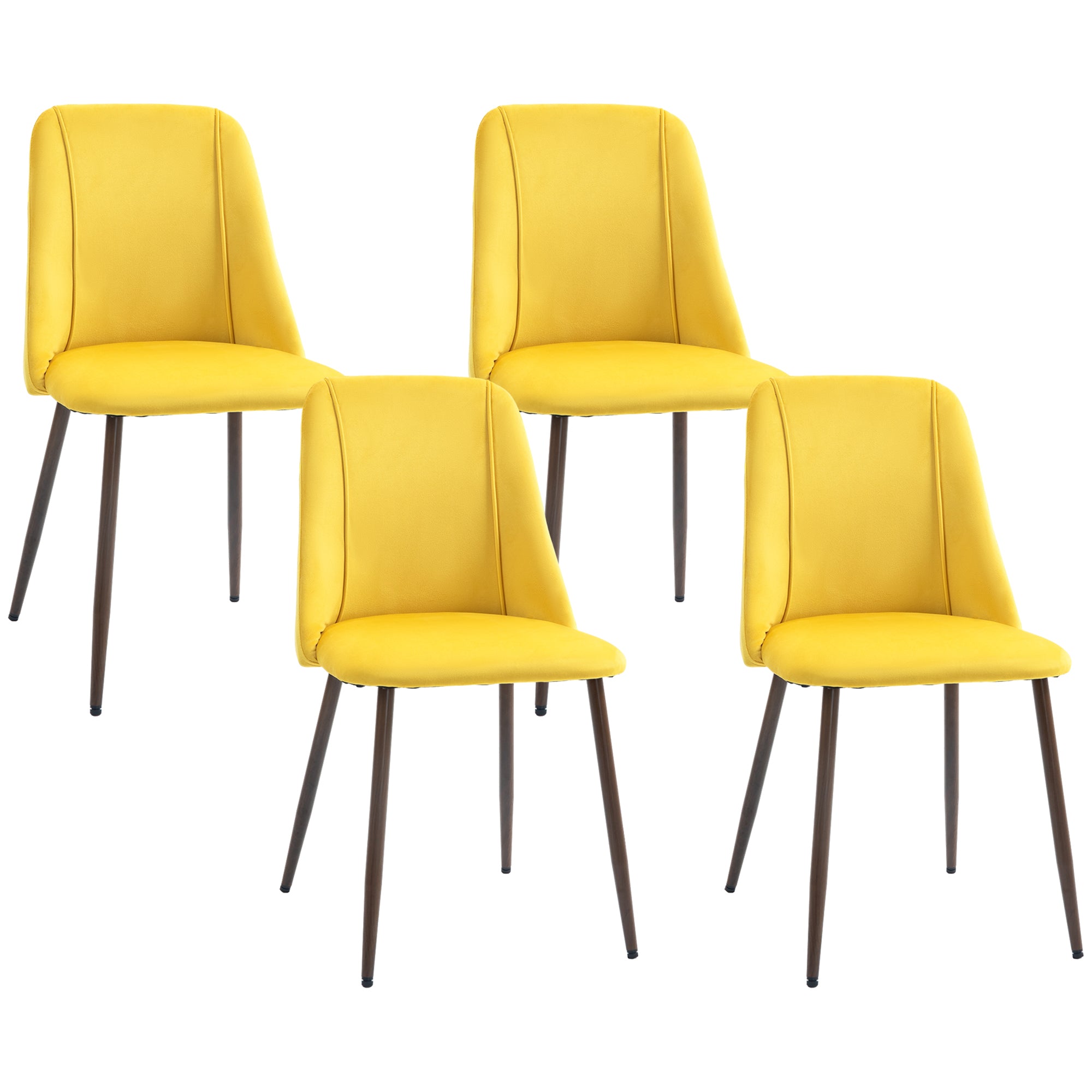 HOMCOM Dining Chairs Set of 4, Modern Kitchen Chairs with Velvet-touch Upholstery, Curved Back and Wood-grain Steel Legs, Accent Chairs for Living Room, Bedroom, Yellow