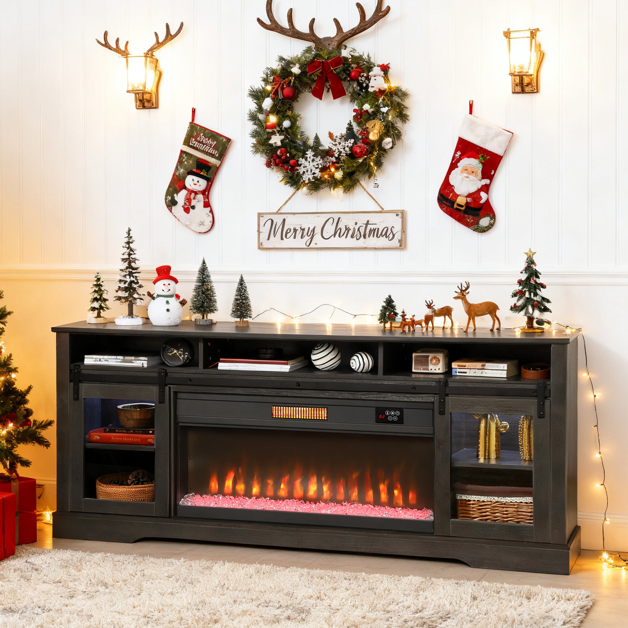 Fireplace TV Stand for TVs Up to 80 Inches, Modern Entertainment Center with 36" Glass Electric Fireplace & LED Lights, TV Console with Open Storage and Side Cabinets for Living Room, Gray