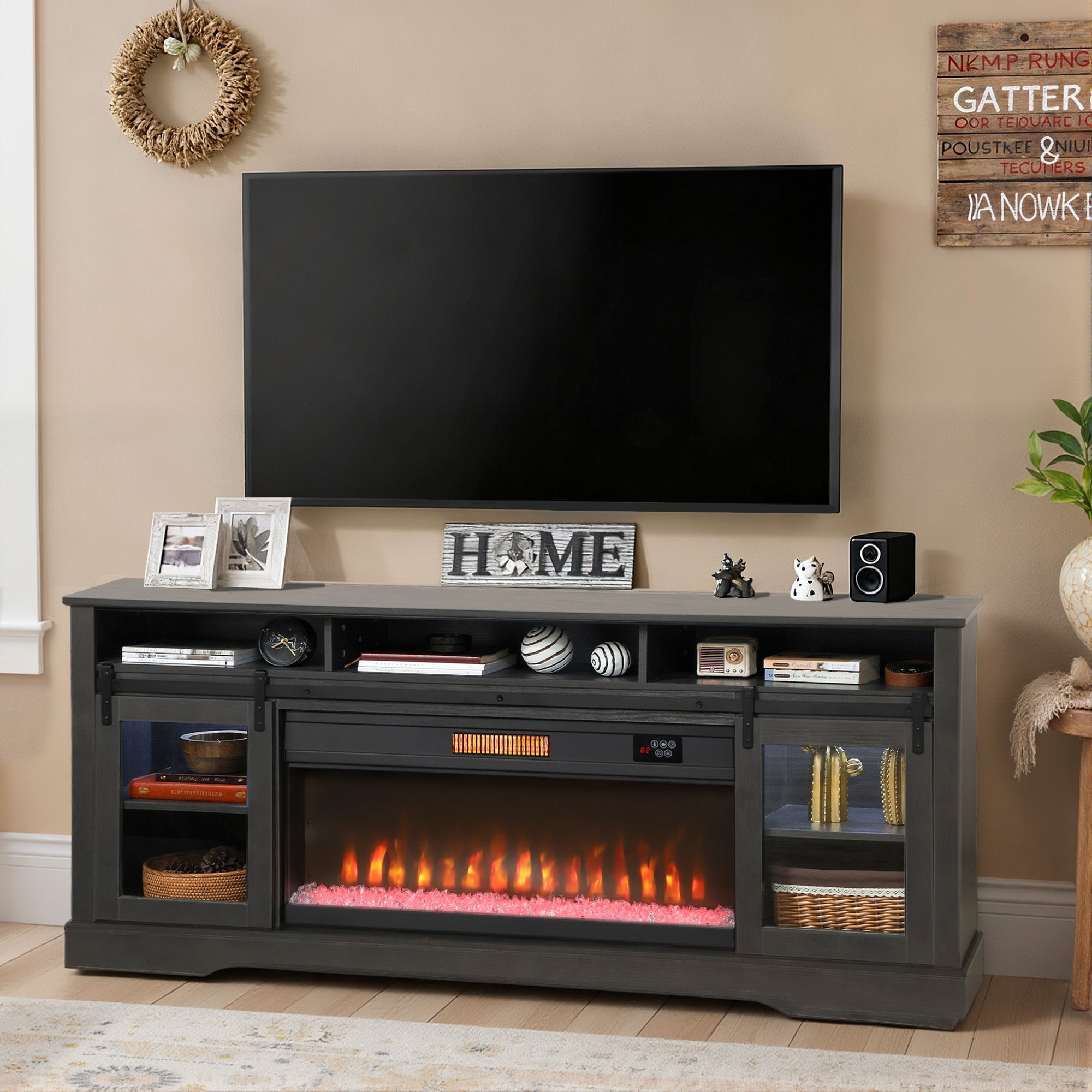 Fireplace TV Stand for TVs Up to 80 Inches, Modern Entertainment Center with 36" Glass Electric Fireplace & LED Lights, TV Console with Open Storage and Side Cabinets for Living Room, Gray