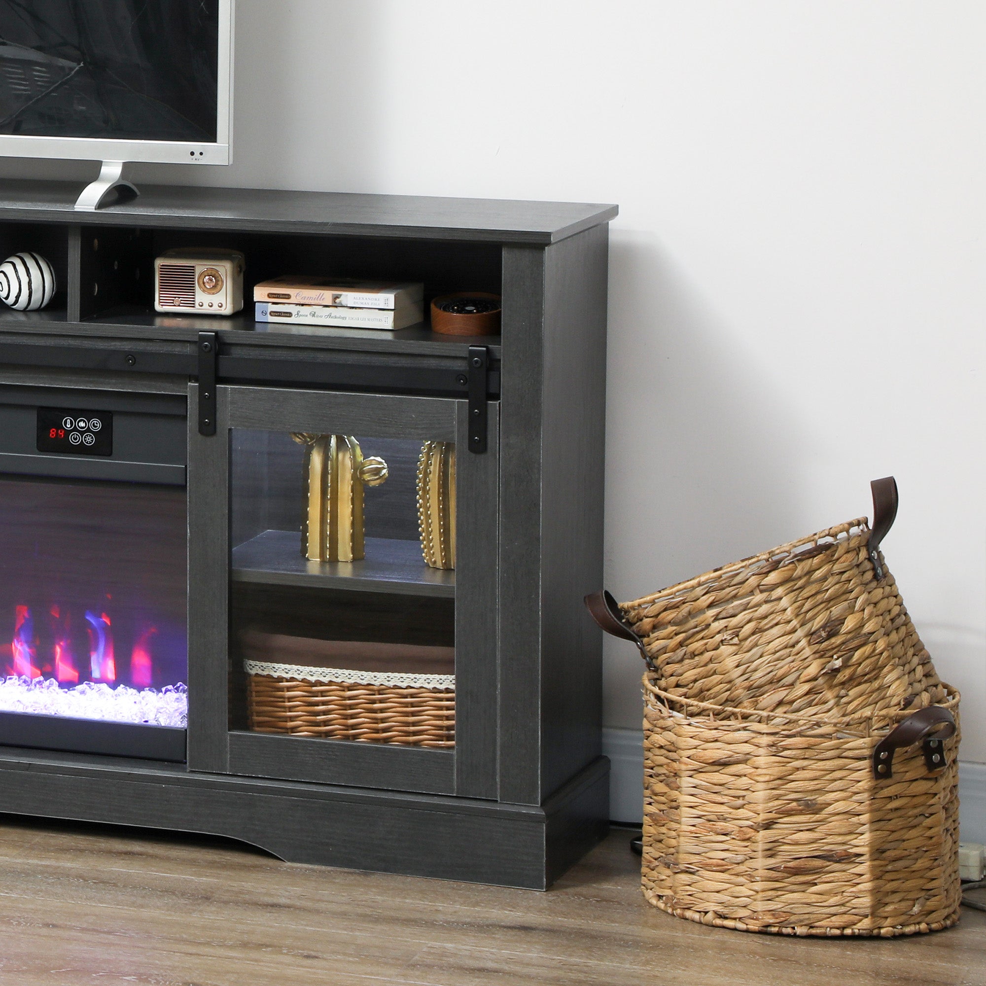 Fireplace TV Stand for TVs Up to 80 Inches, Modern Entertainment Center with 36" Glass Electric Fireplace & LED Lights, TV Console with Open Storage and Side Cabinets for Living Room, Gray