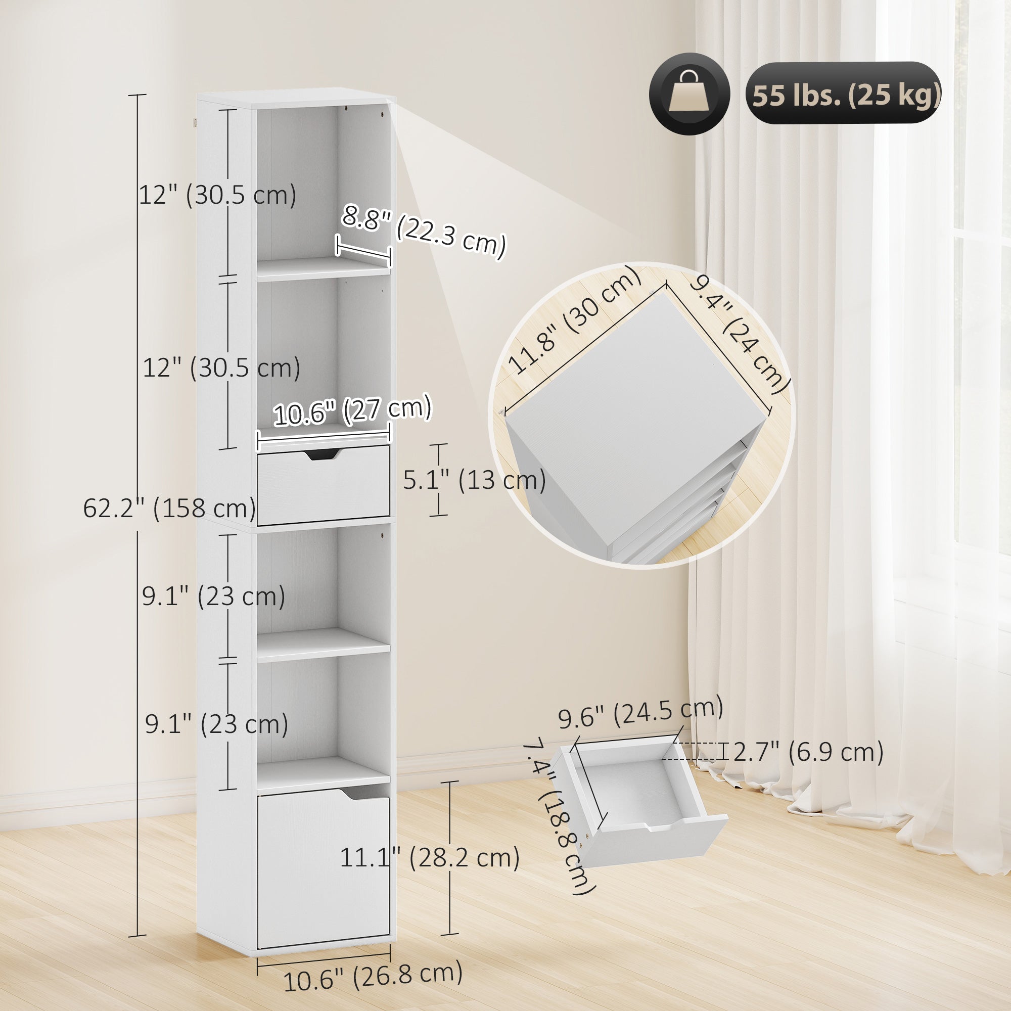 6-Tier Bookshelf, Tall Narrow Bookcase with Drawer, Door, Adjustable Shelf, Modern Display Standing Shelf Unit for Living Room, Home Office, Bedroom, White