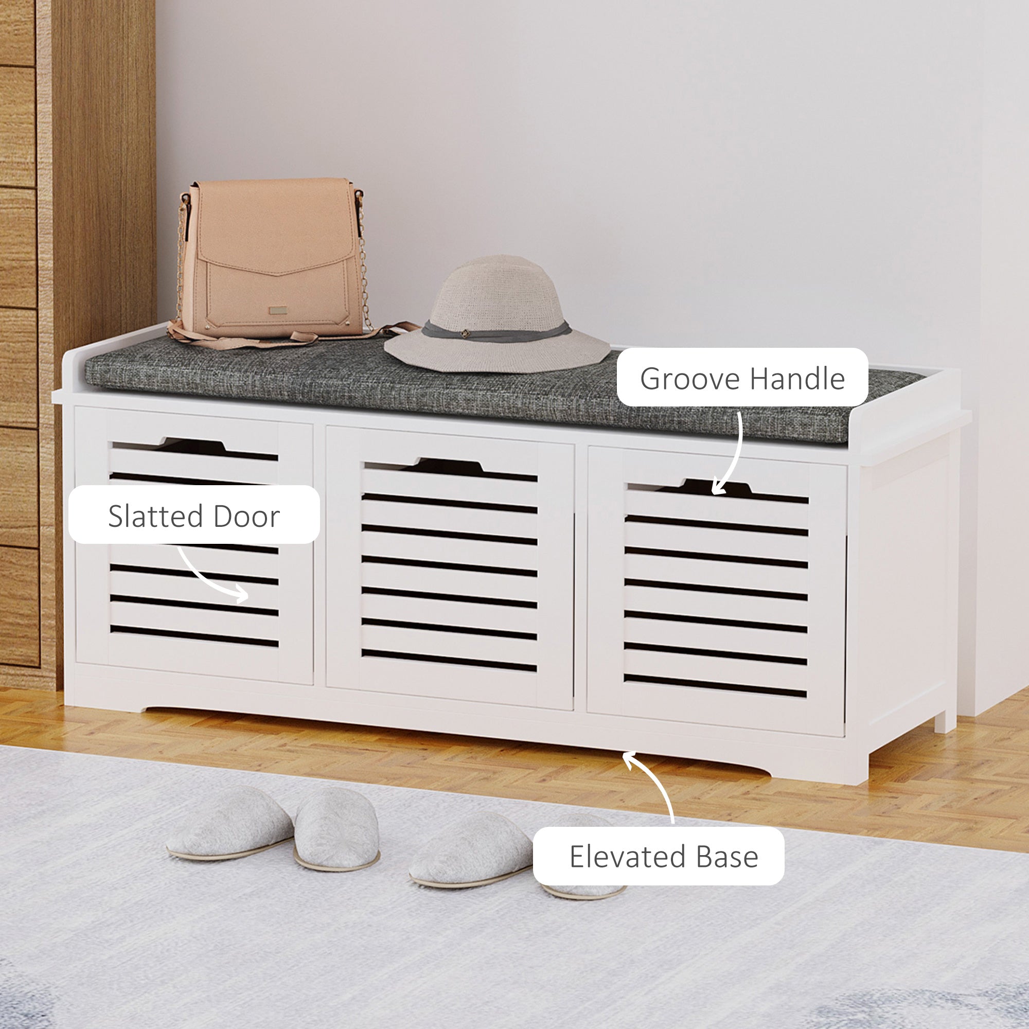 HOMCOM Upholstered Shoe Cabinet Storage Bench with Padded Cushion, with 3 drawer Enough Storage Space Bench Stool for Living Room Entryway Furniture, White