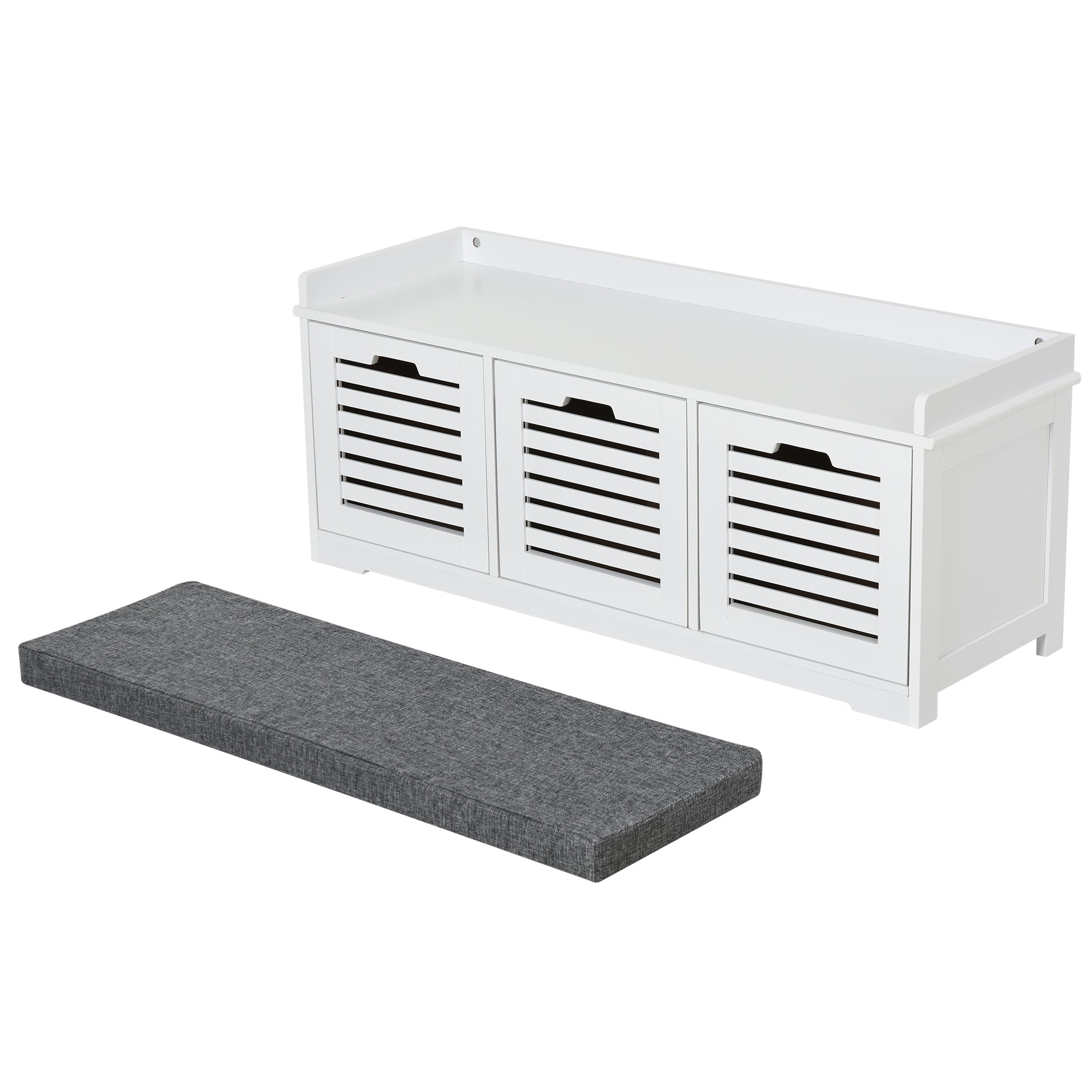 HOMCOM Upholstered Shoe Cabinet Storage Bench with Padded Cushion, with 3 drawer Enough Storage Space Bench Stool for Living Room Entryway Furniture, White