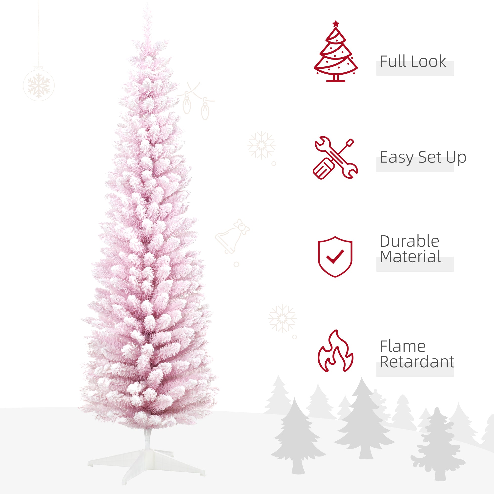 HOMCOM 7ft Tall Pencil Artificial Christmas Tree, Holiday Décor with Snow Flocked Branches, Pink