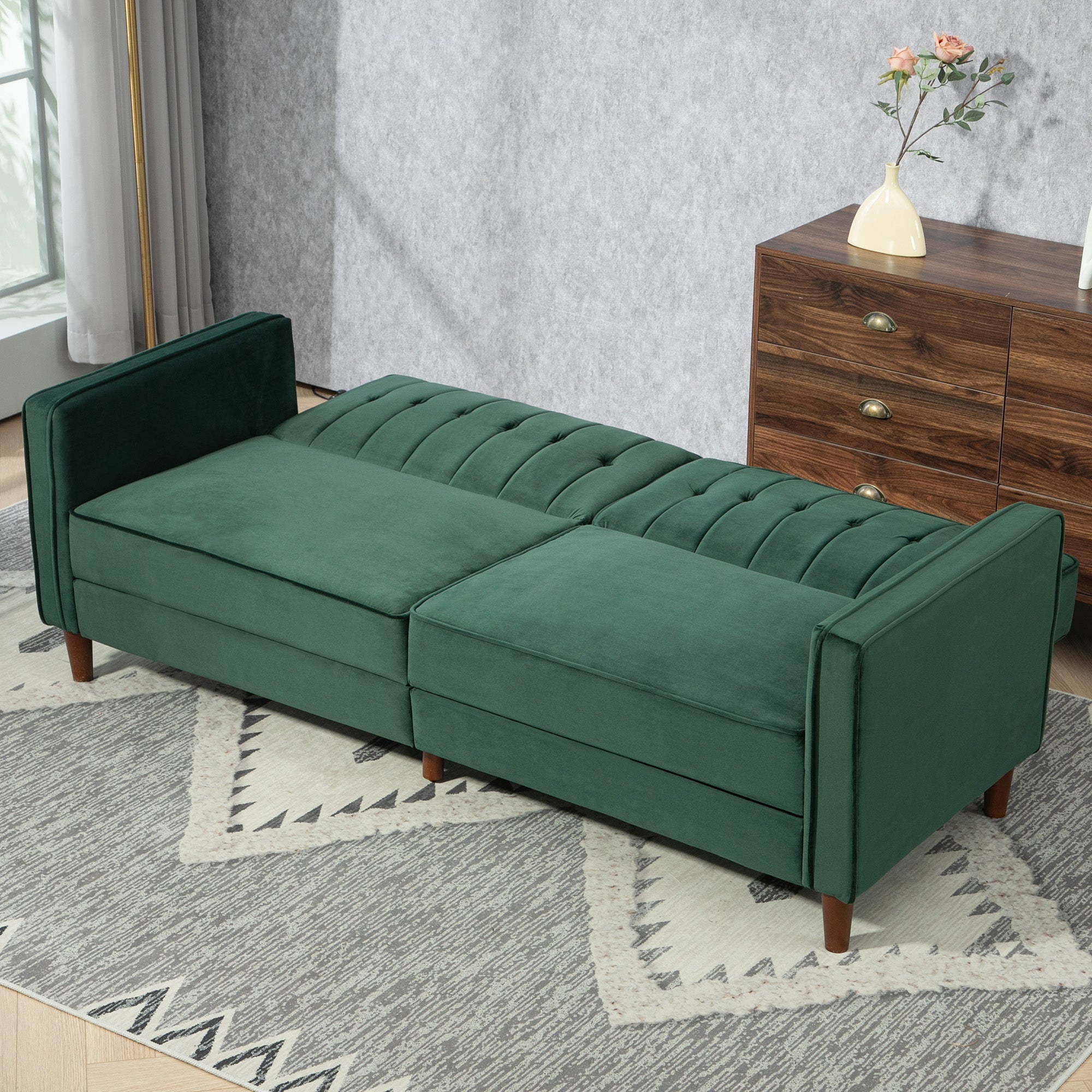 HOMCOM Modern 3 Seater Velvet Sofa Bed, Click Clack Sofa Bed, Button Tufted Sleeper Couch with Split Reclining Backrest and Rubber Wood Legs, Green