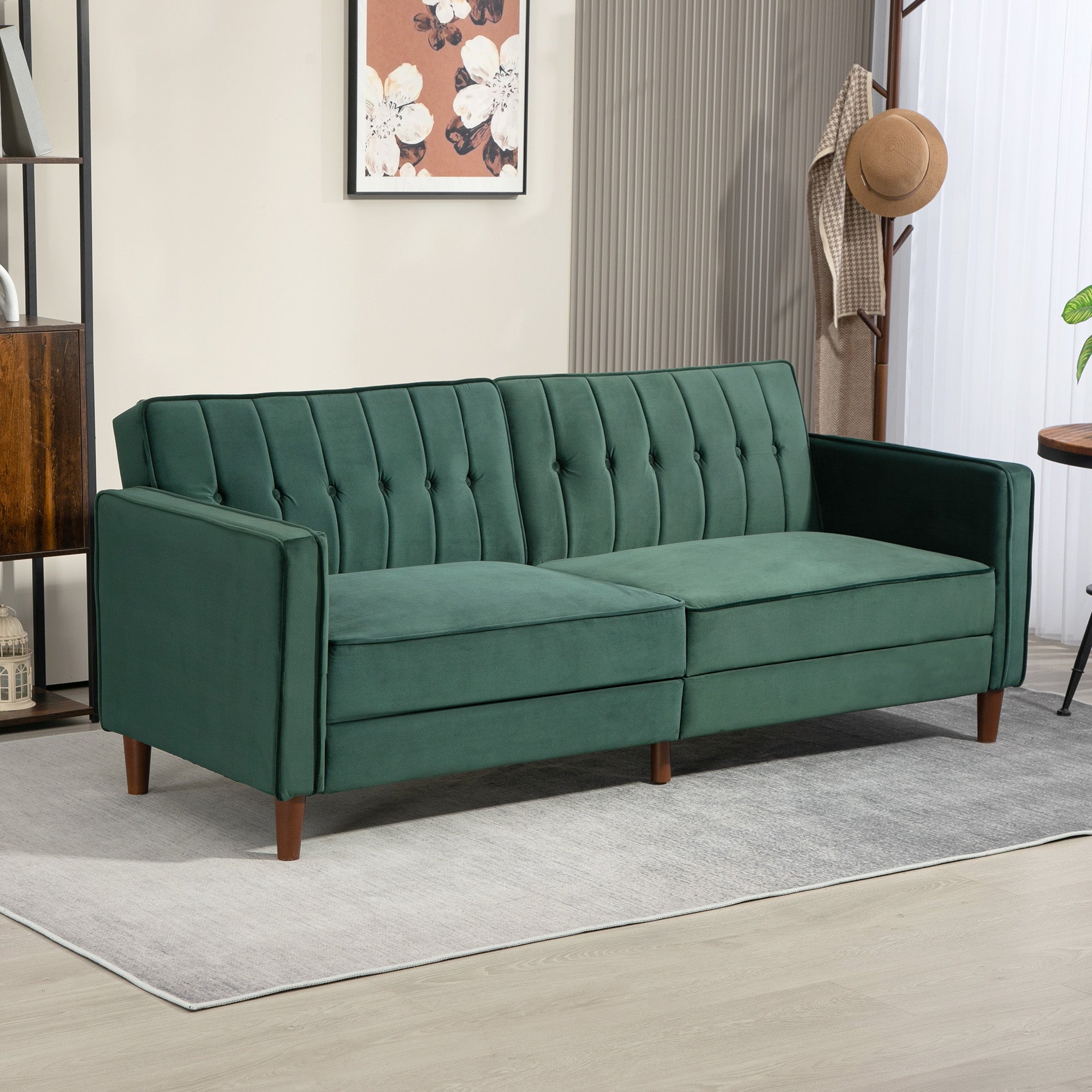 HOMCOM Modern 3 Seater Velvet Sofa Bed, Click Clack Sofa Bed, Button Tufted Sleeper Couch with Split Reclining Backrest and Rubber Wood Legs, Green