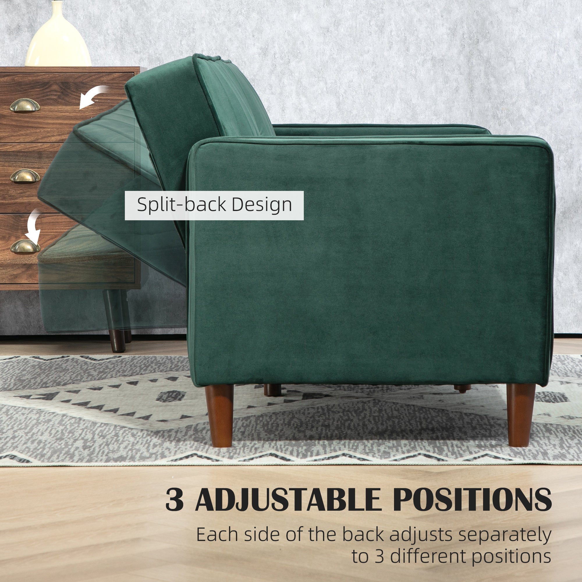 HOMCOM Modern 3 Seater Velvet Sofa Bed, Click Clack Sofa Bed, Button Tufted Sleeper Couch with Split Reclining Backrest and Rubber Wood Legs, Green