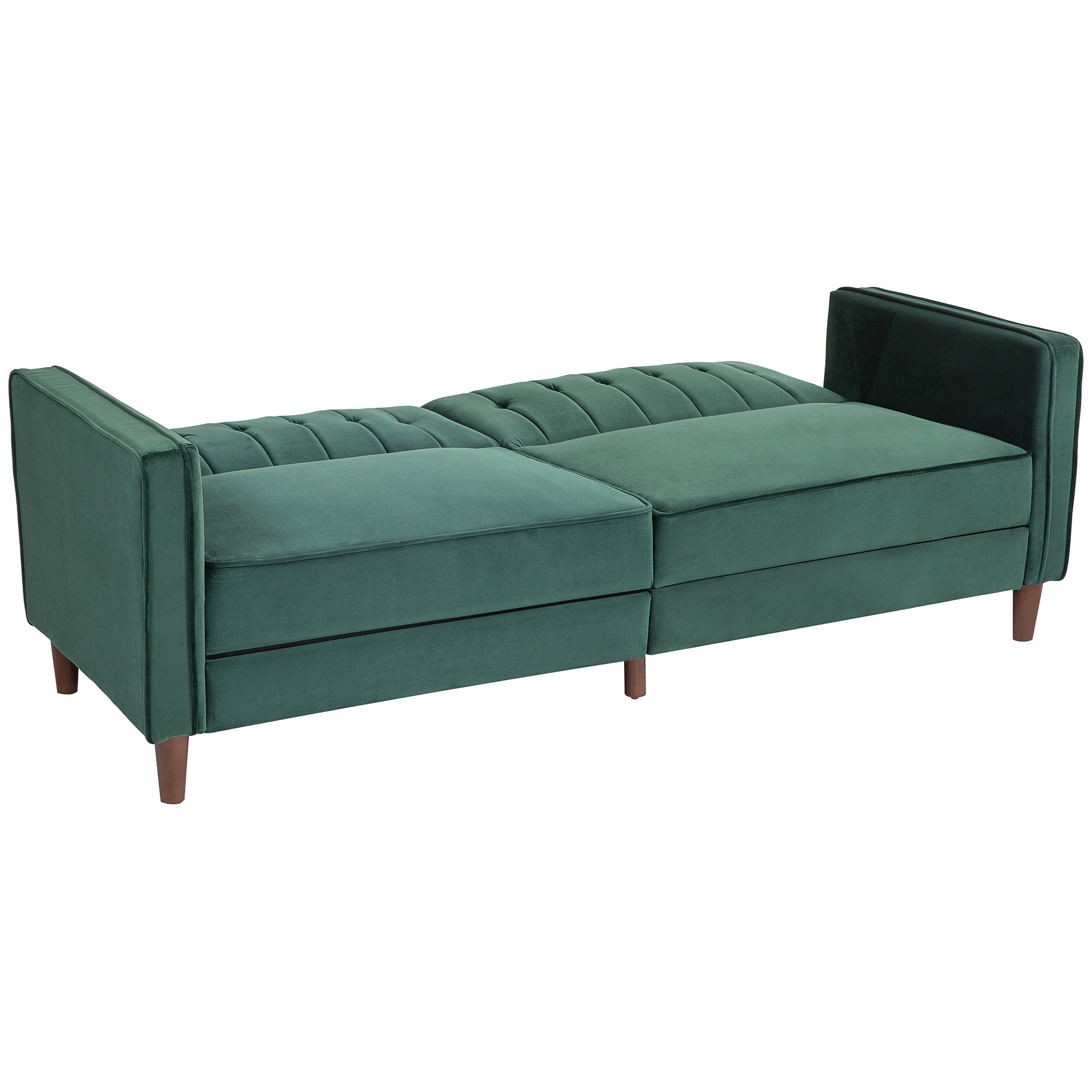 HOMCOM Modern 3 Seater Velvet Sofa Bed, Click Clack Sofa Bed, Button Tufted Sleeper Couch with Split Reclining Backrest and Rubber Wood Legs, Green