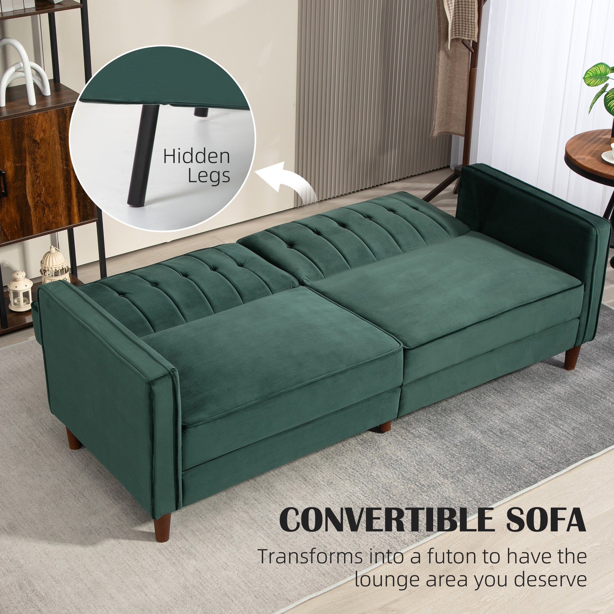 HOMCOM Modern 3 Seater Velvet Sofa Bed, Click Clack Sofa Bed, Button Tufted Sleeper Couch with Split Reclining Backrest and Rubber Wood Legs, Green