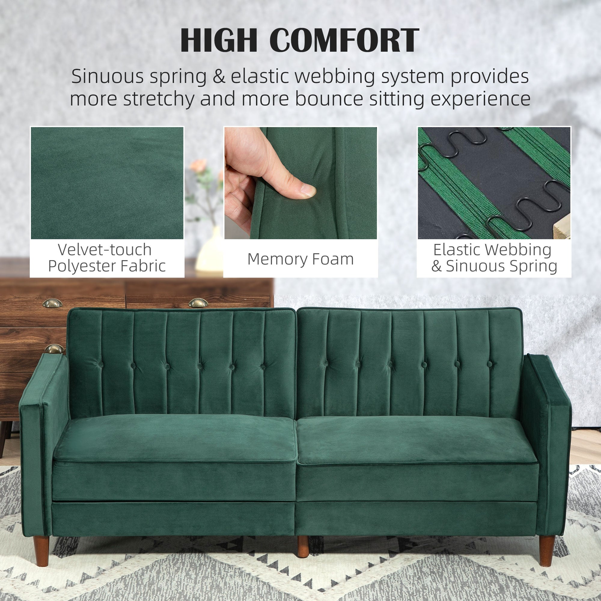 HOMCOM Modern 3 Seater Velvet Sofa Bed, Click Clack Sofa Bed, Button Tufted Sleeper Couch with Split Reclining Backrest and Rubber Wood Legs, Green
