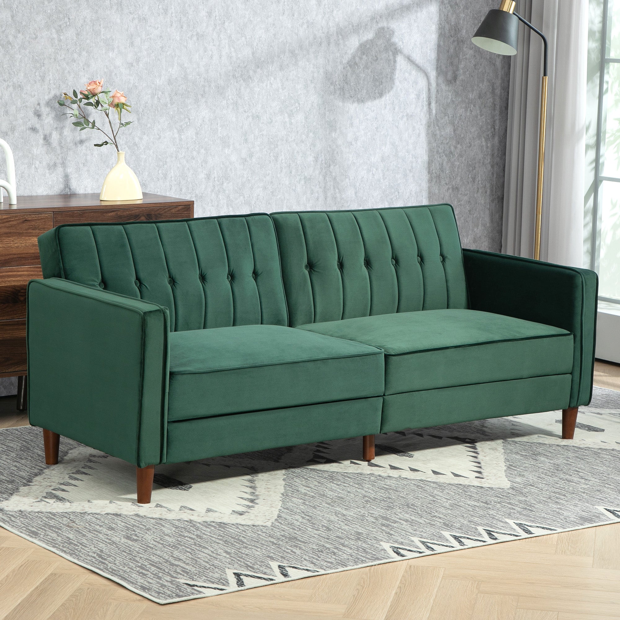HOMCOM Modern 3 Seater Velvet Sofa Bed, Click Clack Sofa Bed, Button Tufted Sleeper Couch with Split Reclining Backrest and Rubber Wood Legs, Green