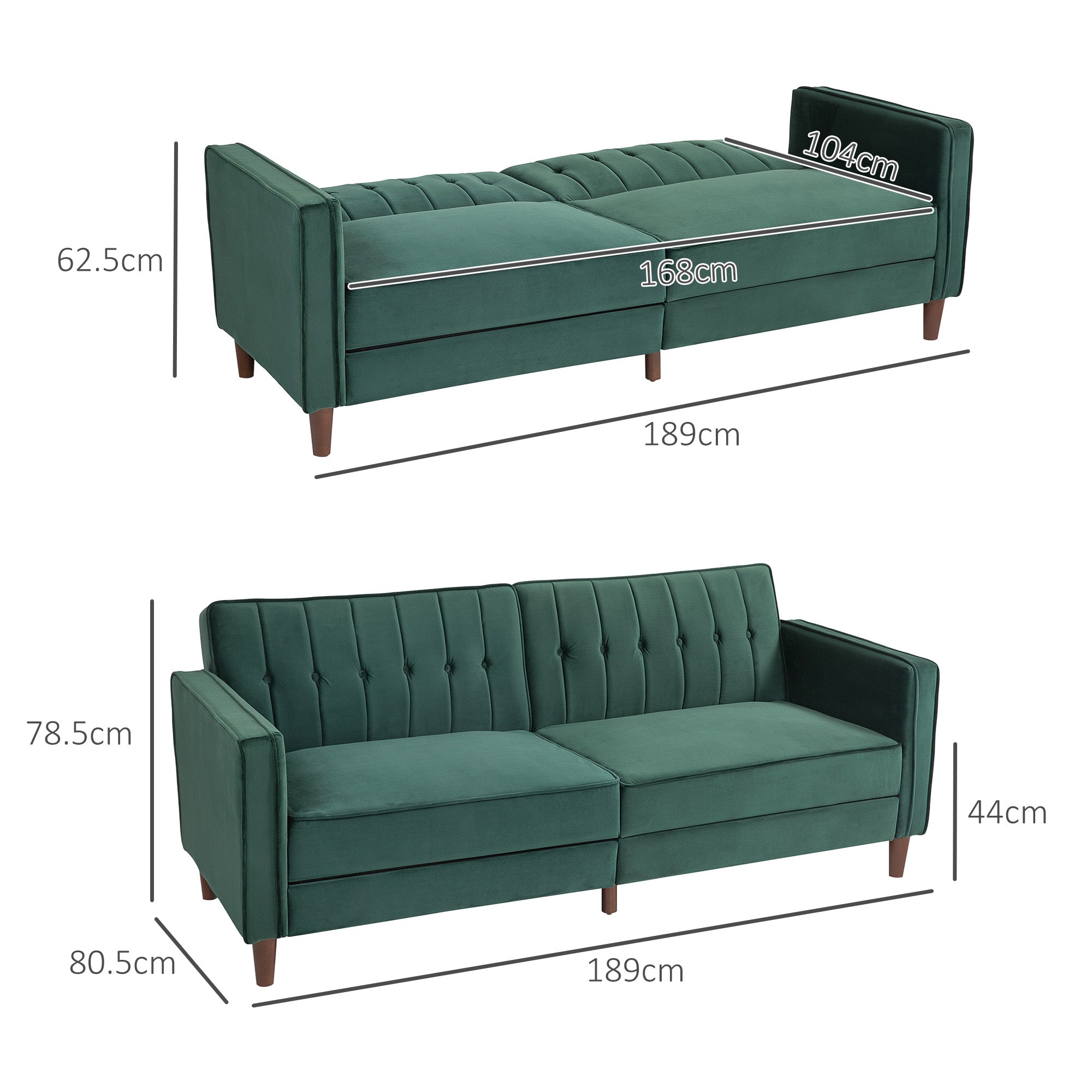 HOMCOM Modern 3 Seater Velvet Sofa Bed, Click Clack Sofa Bed, Button Tufted Sleeper Couch with Split Reclining Backrest and Rubber Wood Legs, Green