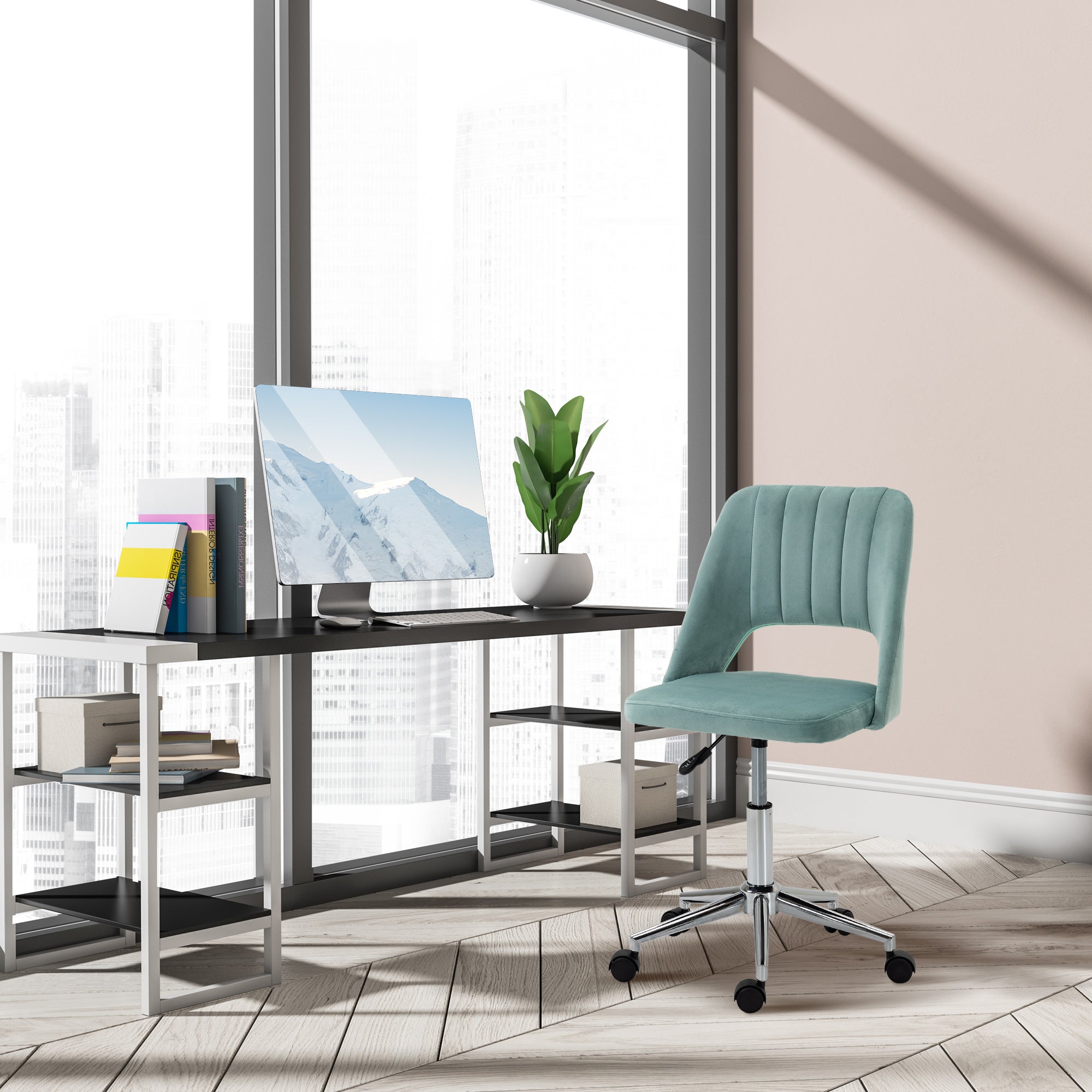 Vinsetto Mid Back Office Chair Velvet Fabric Swivel Scallop Shape Computer Desk Chair for Home Study Bedroom Green