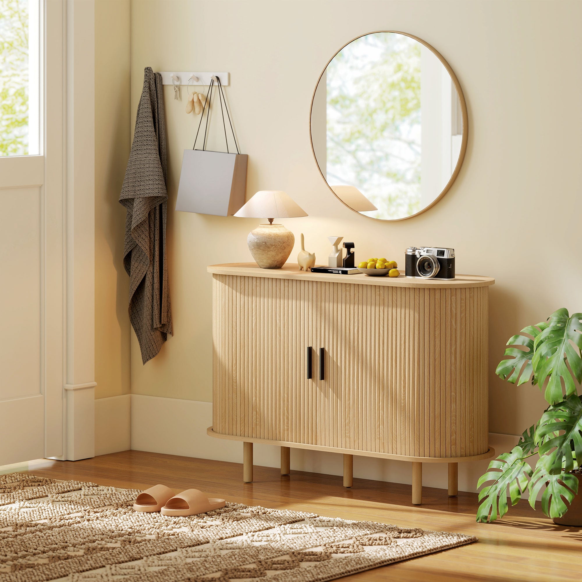 Fluted Sideboard Buffet Cabinet with Tambour Sliding Doors, 47" Modern Coffee Bar Cabinet with Storage Shelves and Wooden Legs, Kitchen Credenza, Oak