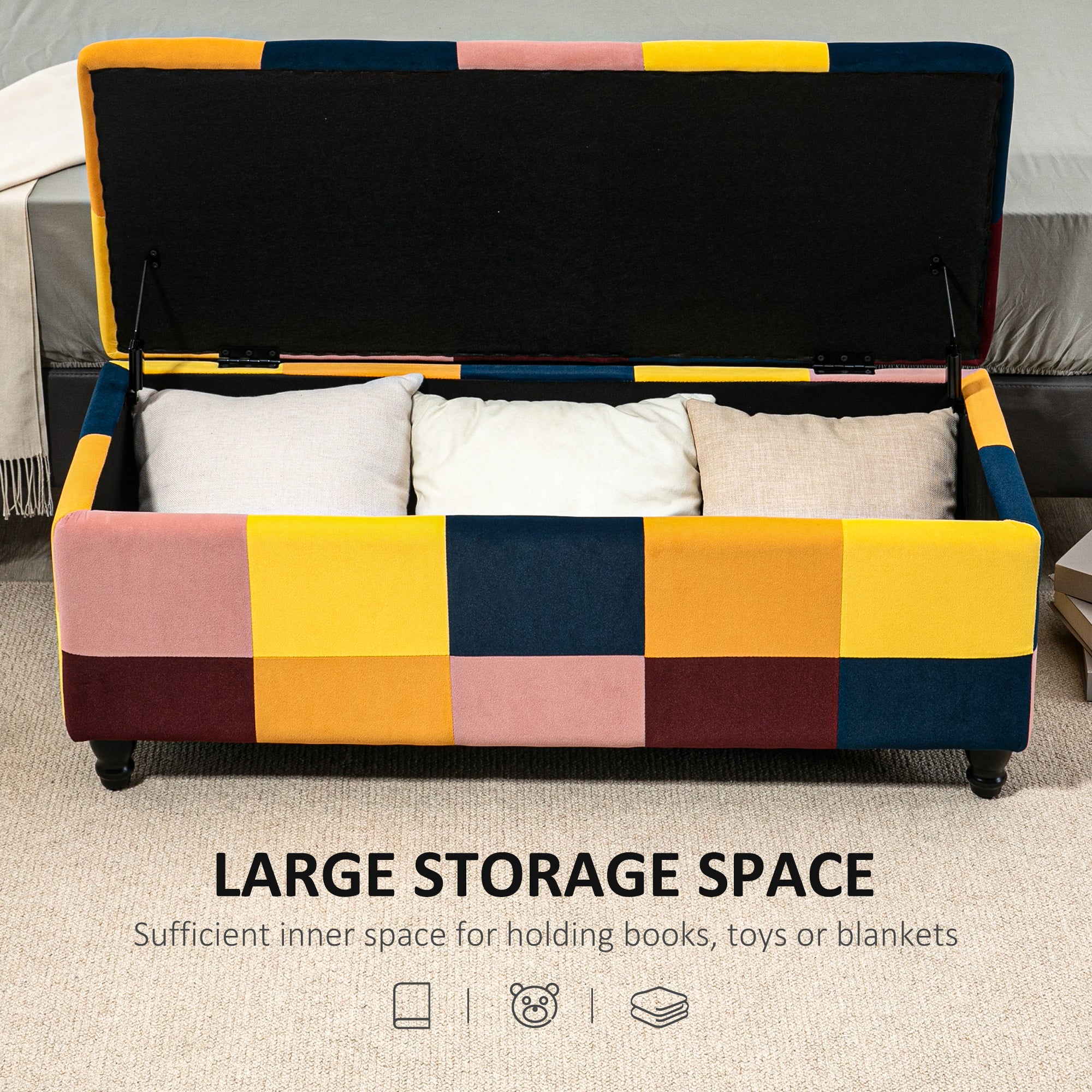 HOMCOM 114 x 47 x 47cm Velvet Storage Ottoman, Button-tufted Footstool Box, Toy Chest with Lid for Living Room, Bedroom, Multicoloured