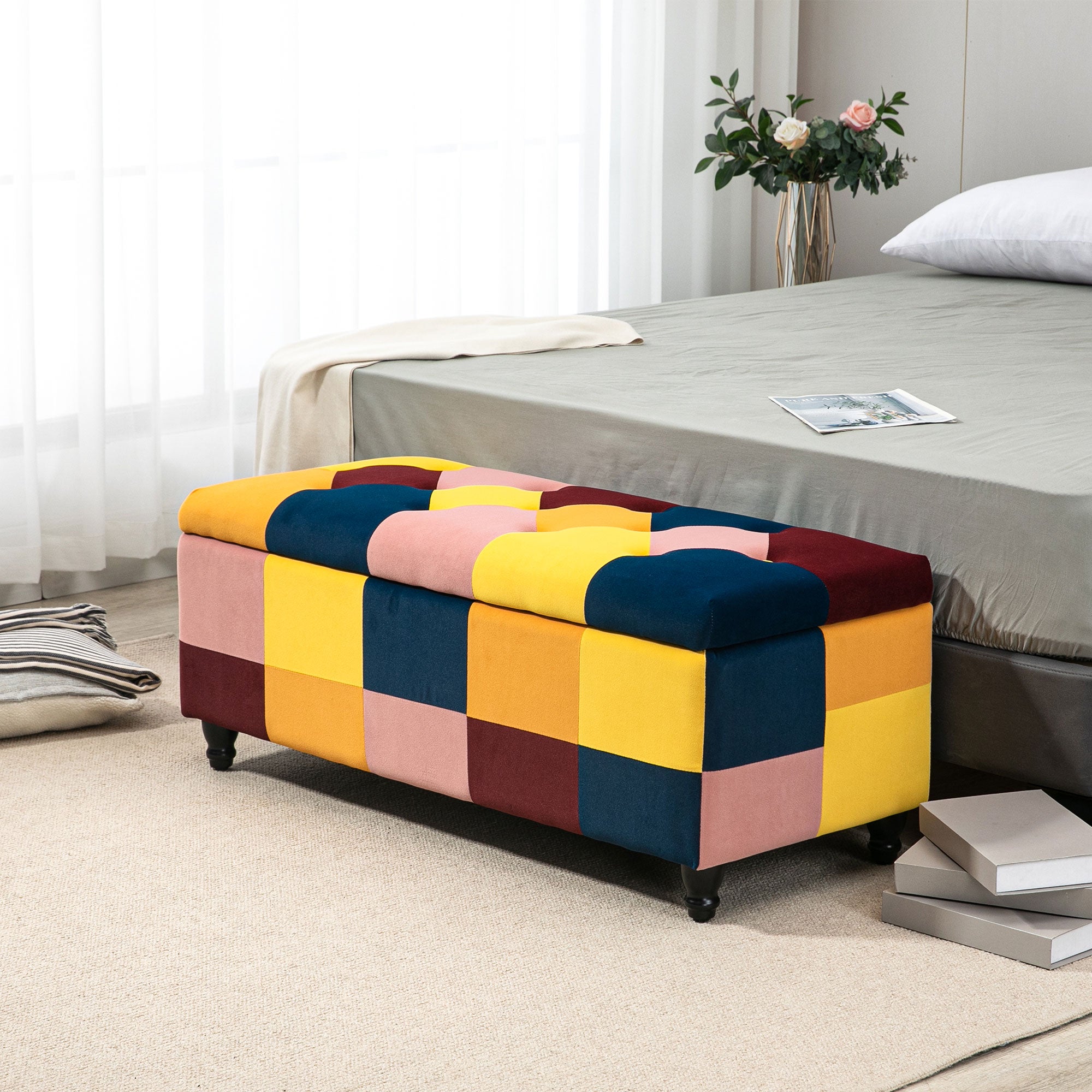 HOMCOM 114 x 47 x 47cm Velvet Storage Ottoman, Button-tufted Footstool Box, Toy Chest with Lid for Living Room, Bedroom, Multicoloured