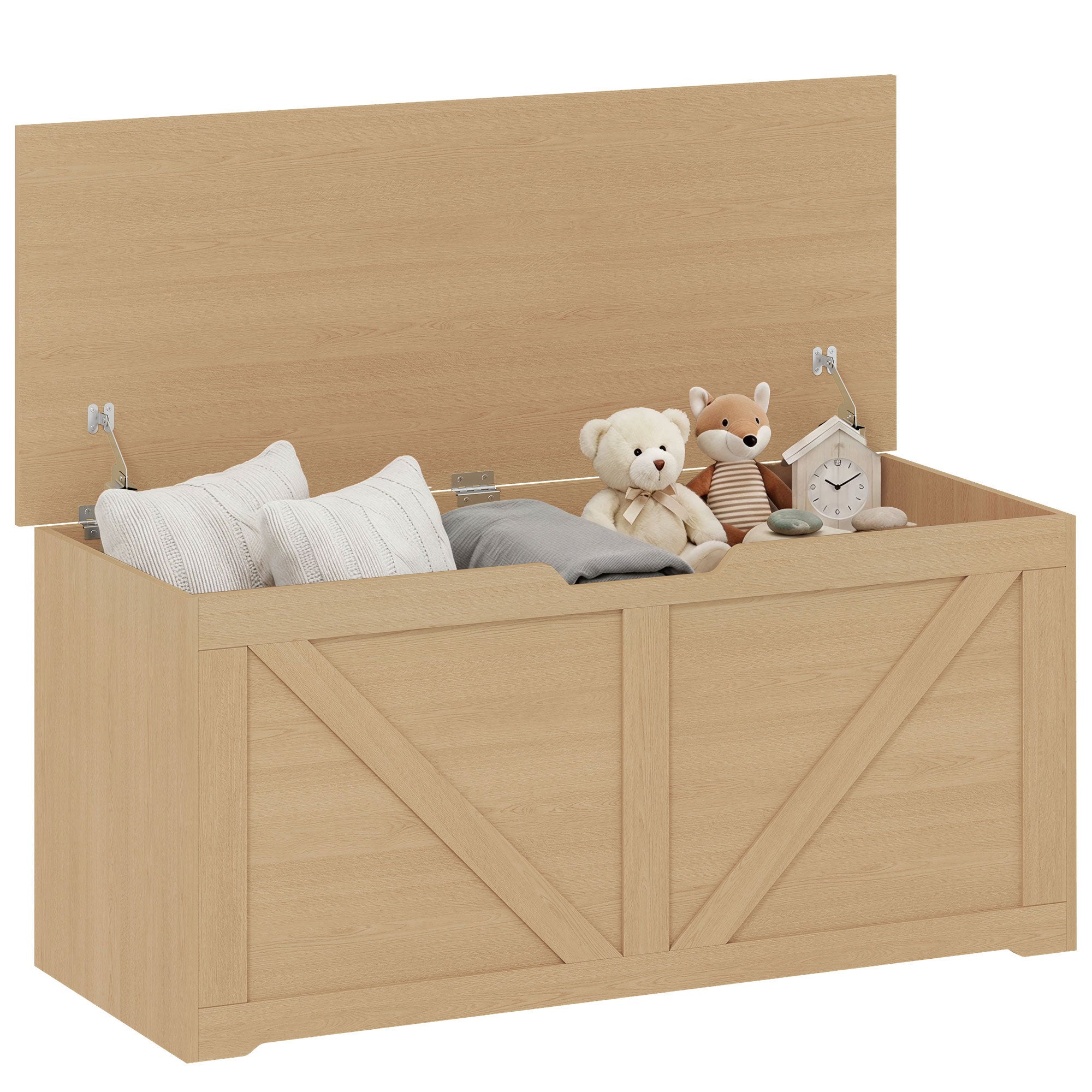 127L Storage Chest, Shoe Storage Trunk Bench Box with 2 Safety Hinges and U-shaped Cut-out Pull, Blanket Box Ottoman for Bedroom, Living Room, Entryway, 100 x 40 x 45 cm, Nature Wood Finish