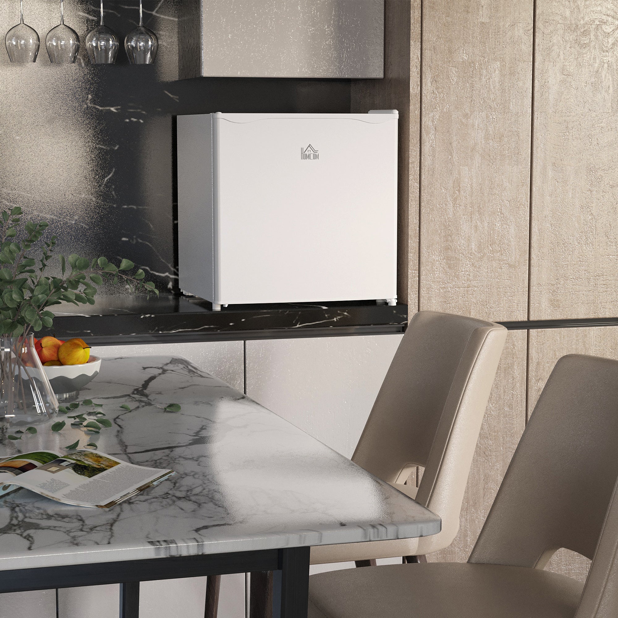 HOMCOM 46 Litre Table Top Mini Fridge, Small Fridge with Ice Box, Reversible Door, Adjustable Temperature and Legs, Mini Fridge for Bedrooms, Home Office, Cream