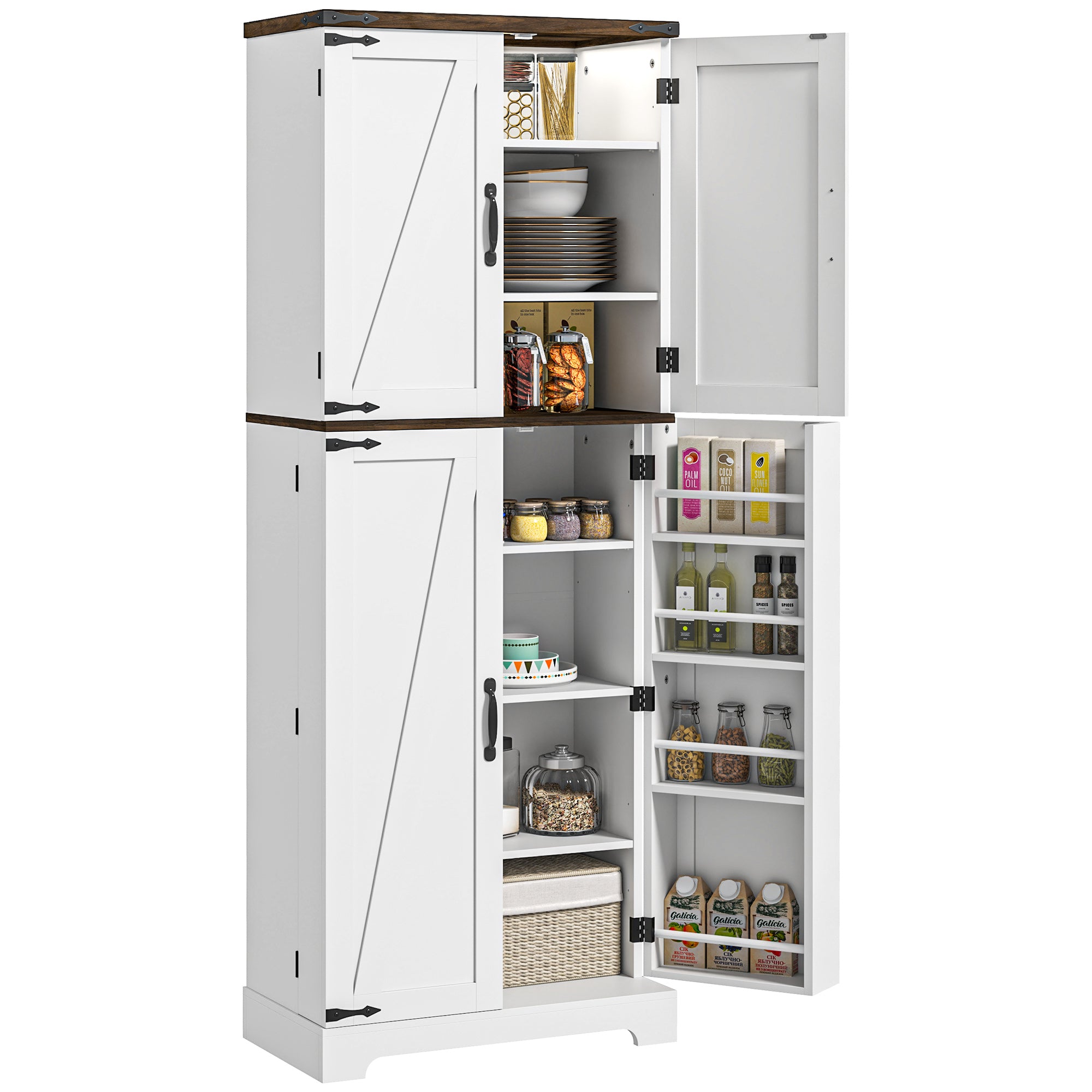 64" Tall Kitchen Pantry Cabinet with Motion Sensor Light Spice Racks and Adjustable Shelves White