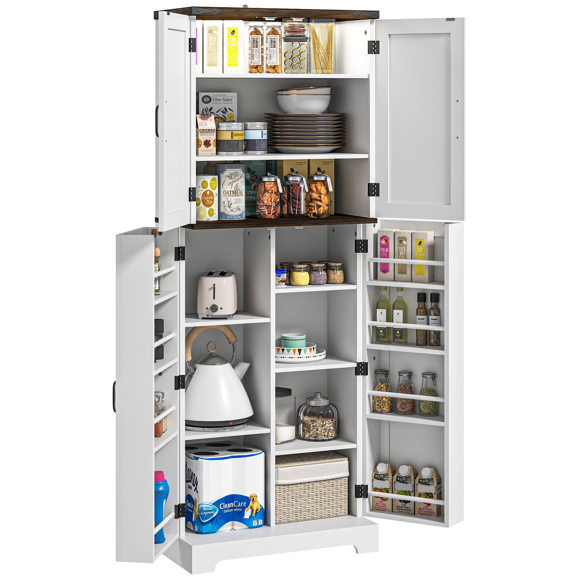 64" Tall Kitchen Pantry Cabinet with Motion Sensor Light Spice Racks and Adjustable Shelves White