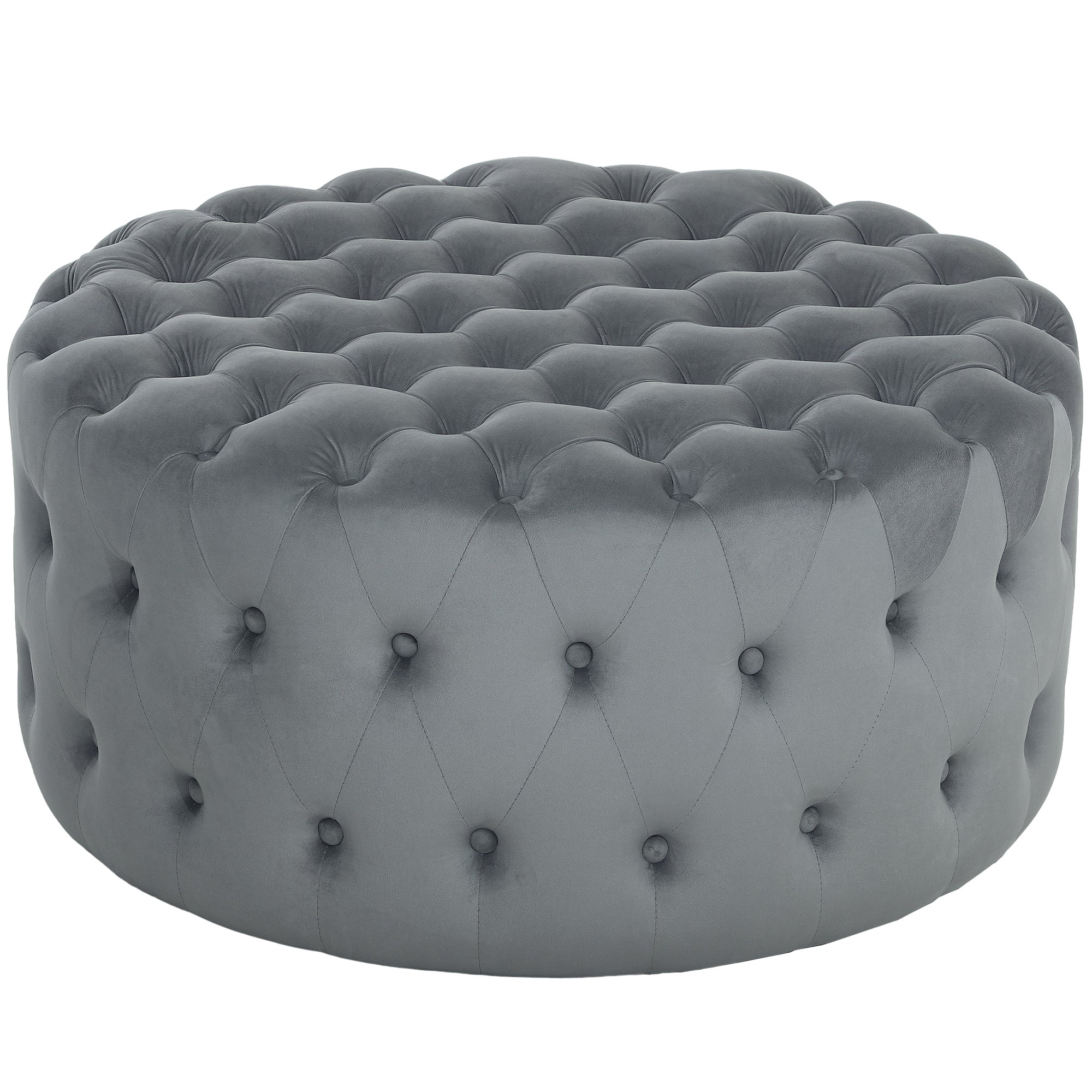 31.5" Round Ottoman, Large Velvet-Feel Upholstered Foot Stool with Button Tufted Design and Padded Seat for Living Room, Entryway, Dark Gray