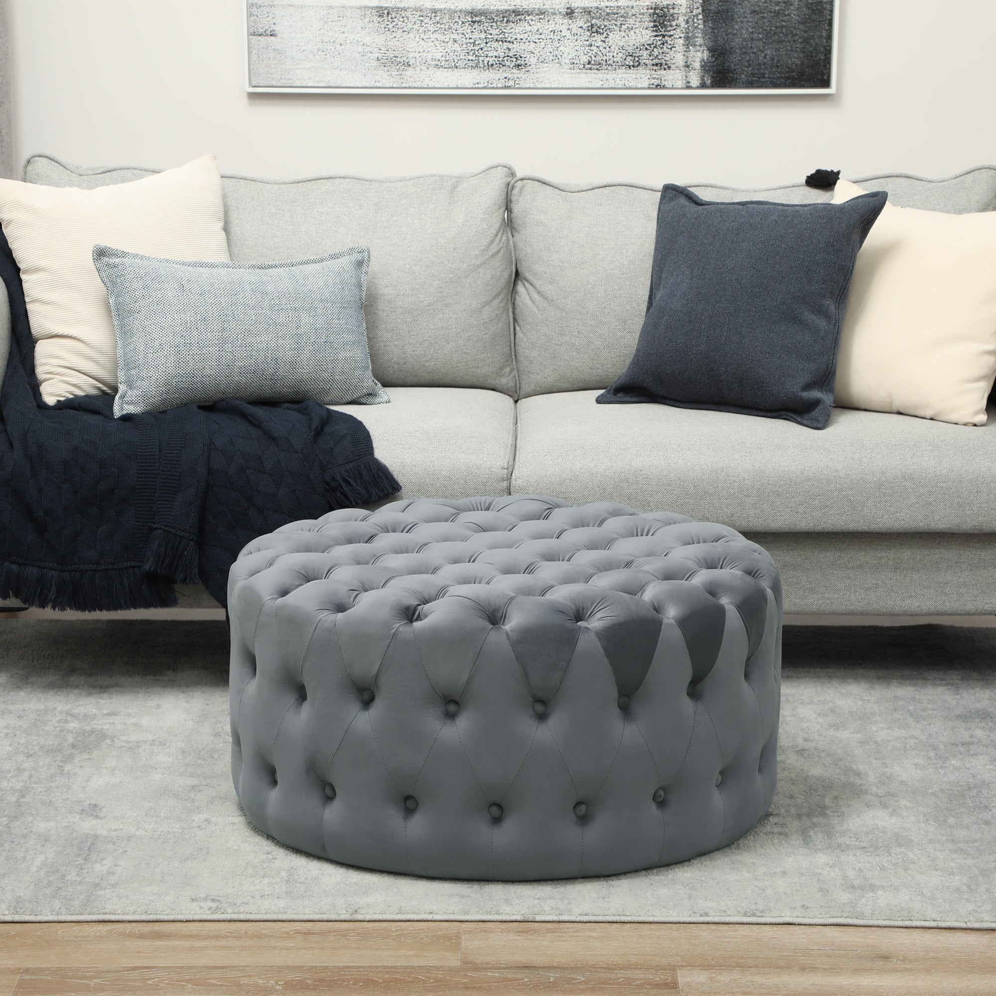 31.5" Round Ottoman, Large Velvet-Feel Upholstered Foot Stool with Button Tufted Design and Padded Seat for Living Room, Entryway, Dark Gray