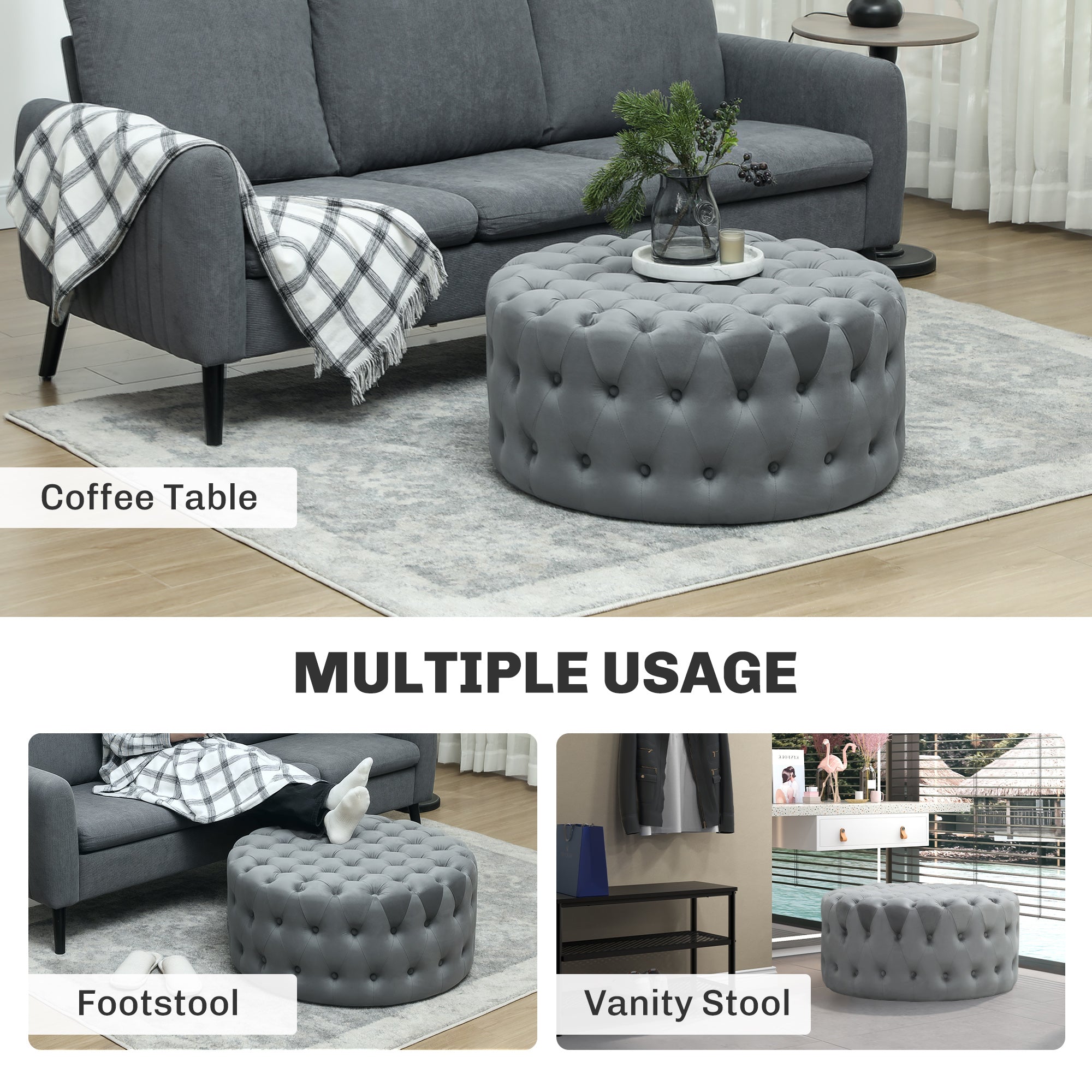 31.5" Round Ottoman, Large Velvet-Feel Upholstered Foot Stool with Button Tufted Design and Padded Seat for Living Room, Entryway, Dark Gray