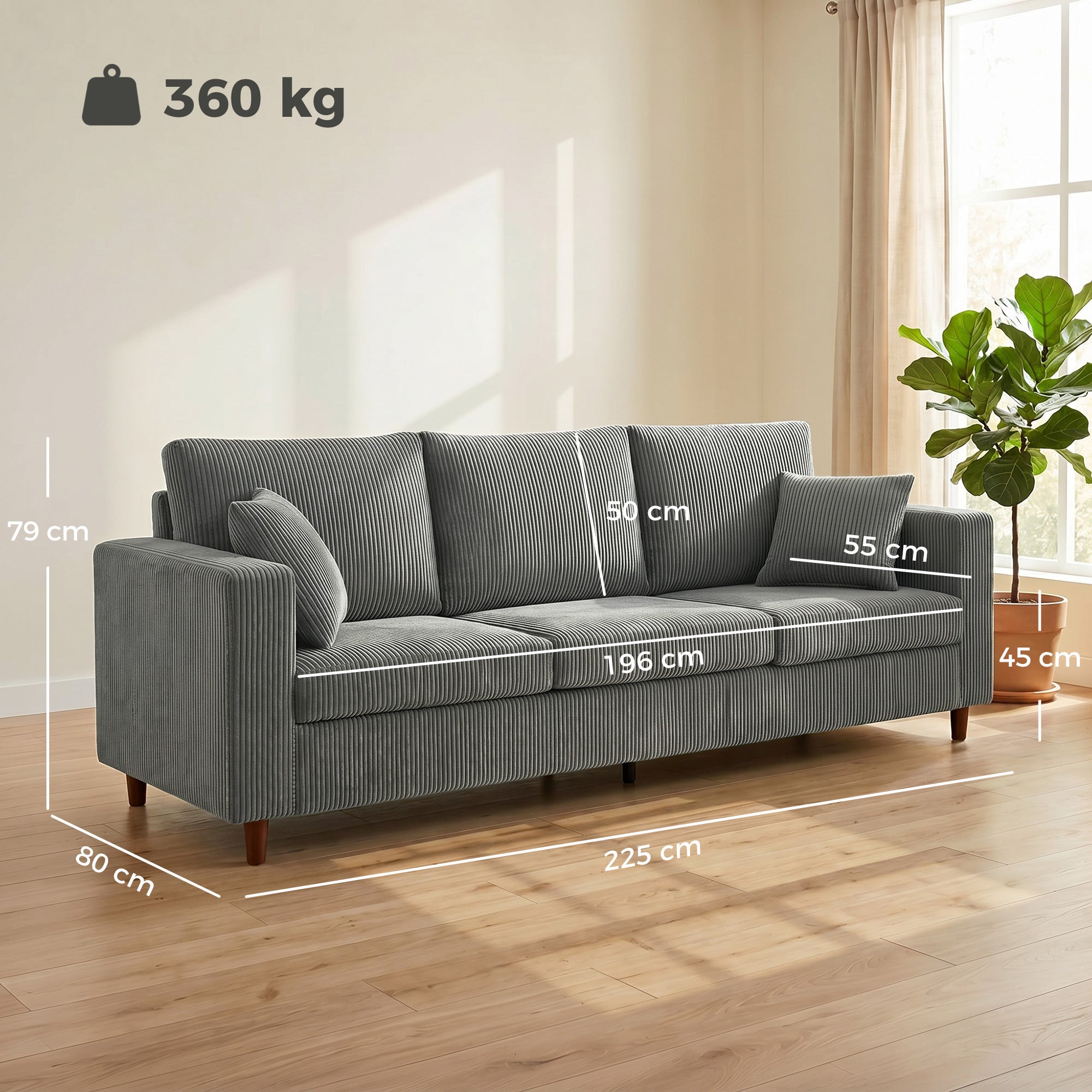 3 Seater Sofa, 225 cm Comfy Corduroy Couch with Wide Deep Seat, Wide Armrests, Spring Cushion, Thick Padded, Solid Wood Legs, Fabric Sofa for Living Room, Light Grey