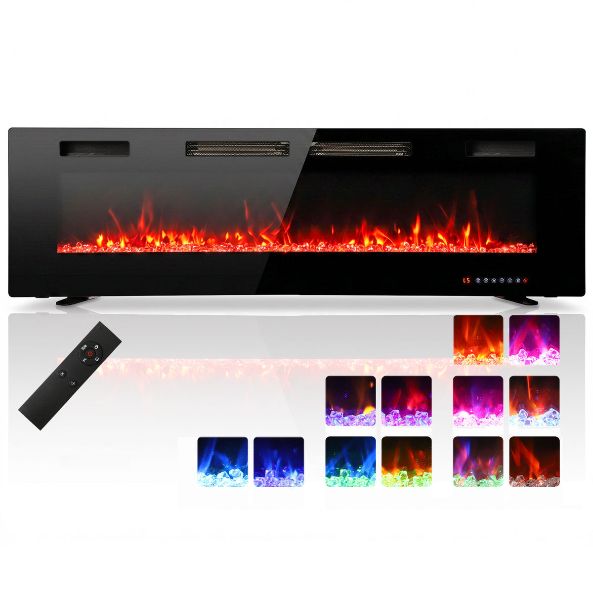 60\" Electric Fireplace Insert, Ultra-Thin Recessed, Wall Mounted and Freestanding Fireplace w/ Flame Effect, Adjustable Brightness, Crystal Stone, Remote, 750W/1500W, Black