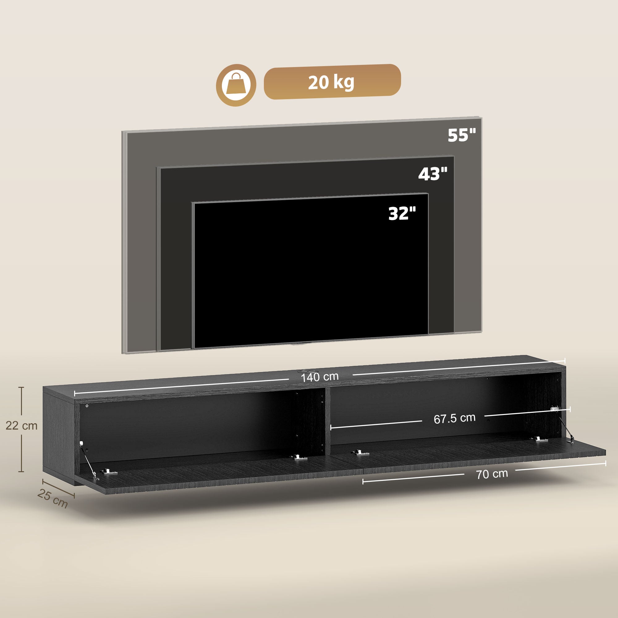 Floating TV Unit for Television up to 72 Inch, 180cm Wall Mount TV Stand Cabinet with Fluted Flip-Down Doors, Cable Management Hole, Entertainment Media Console for Living Room, Bedroom, Black