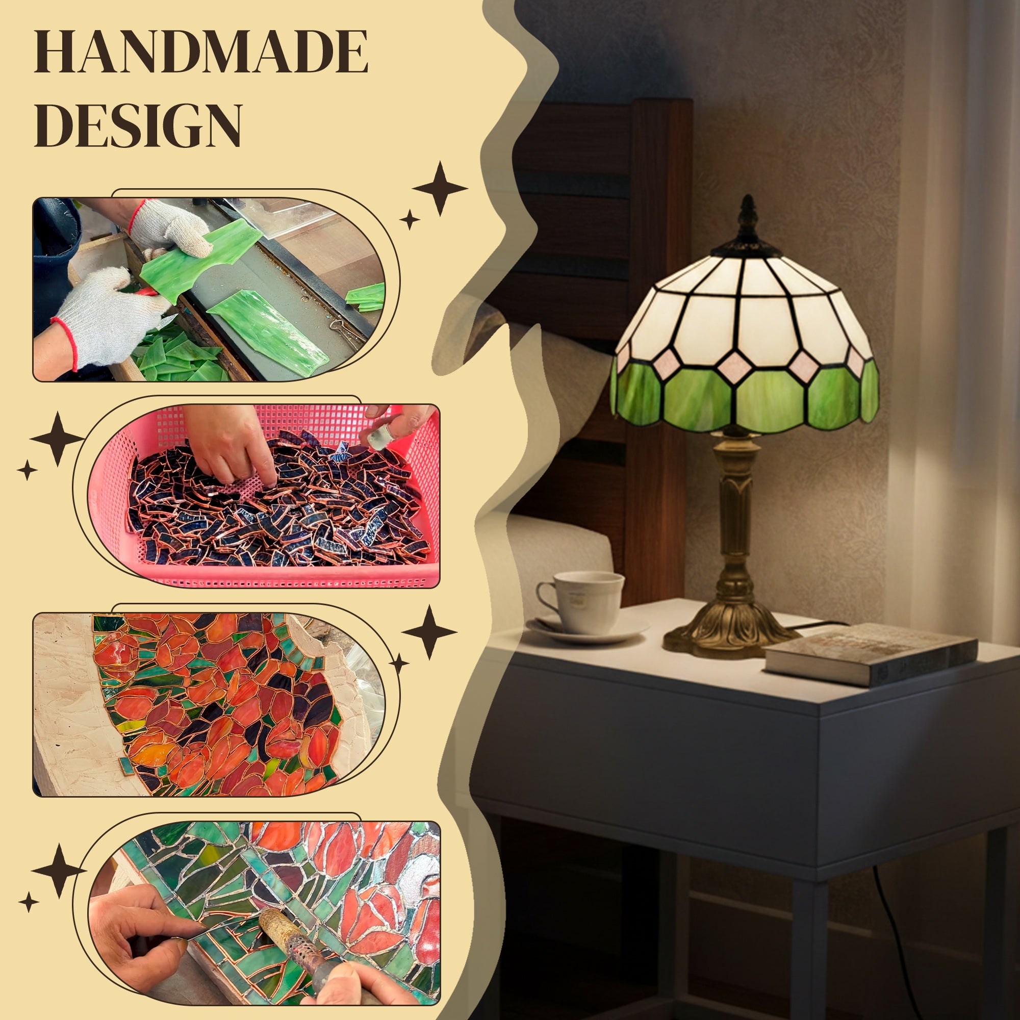Handmade Stained Glass Table Lamp, Tiffany-Style Bedside Lamp for Bedroom, Living room, Home, Nightstand, Decorative Night Light, Green