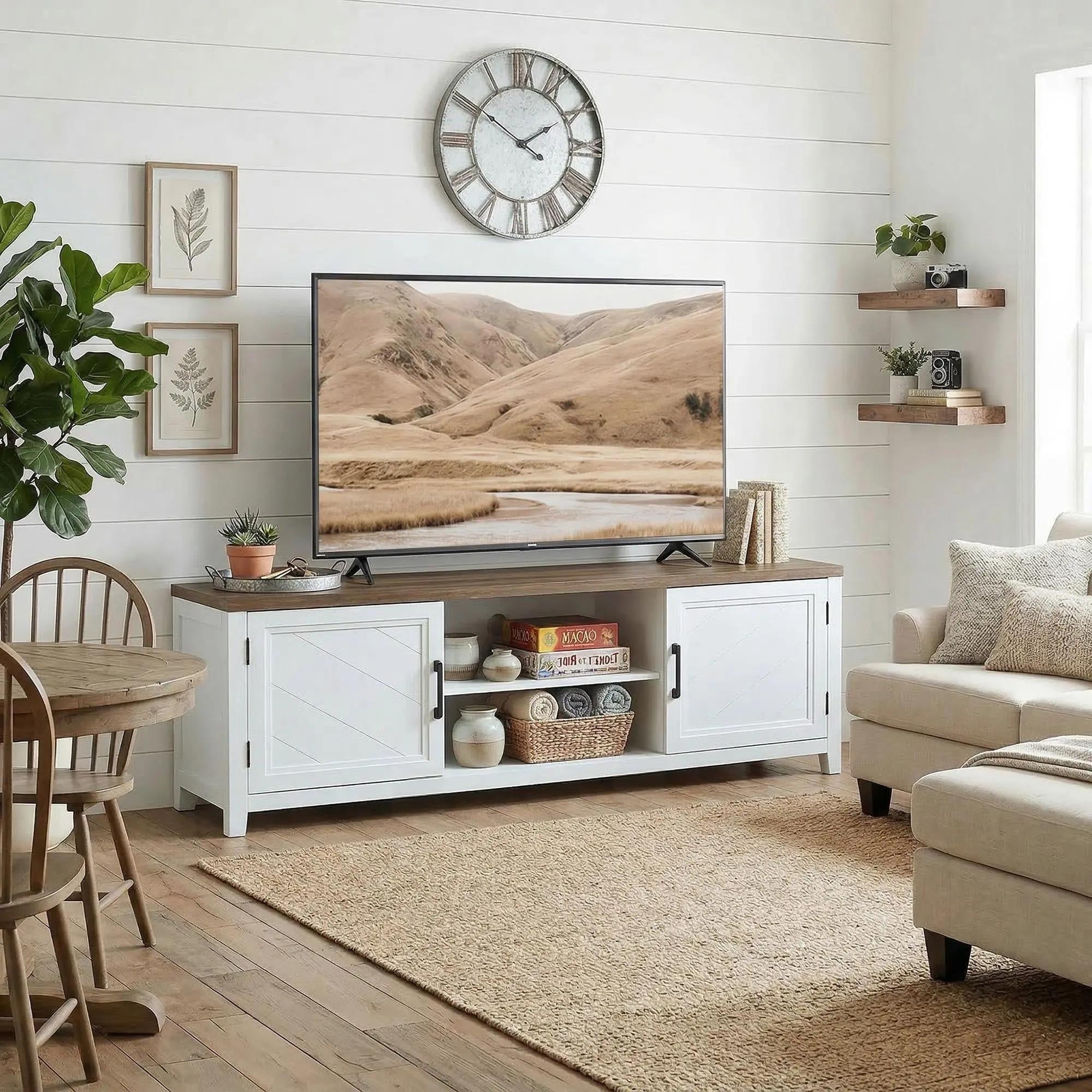 TV Stand for TVs up to 42 Inch, Farmhouse Entertainment Center with 2 Open Shelves, 2 Cabinets, Thick Top, Media Console Table for Living Room, White and Brown