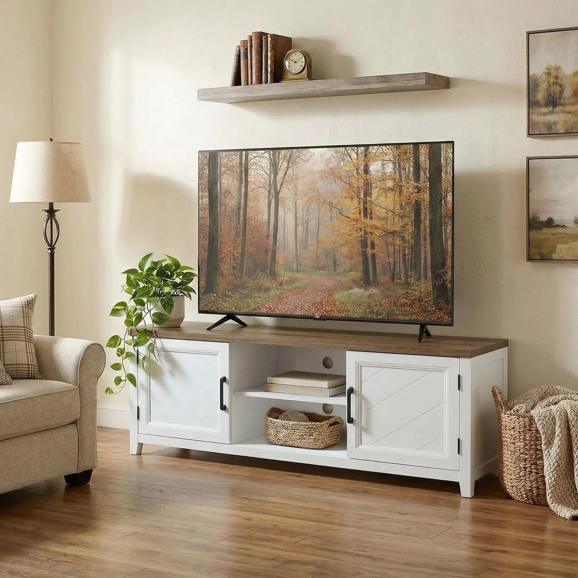 TV Stand for TVs up to 42 Inch, Farmhouse Entertainment Center with 2 Open Shelves, 2 Cabinets, Thick Top, Media Console Table for Living Room, White and Brown