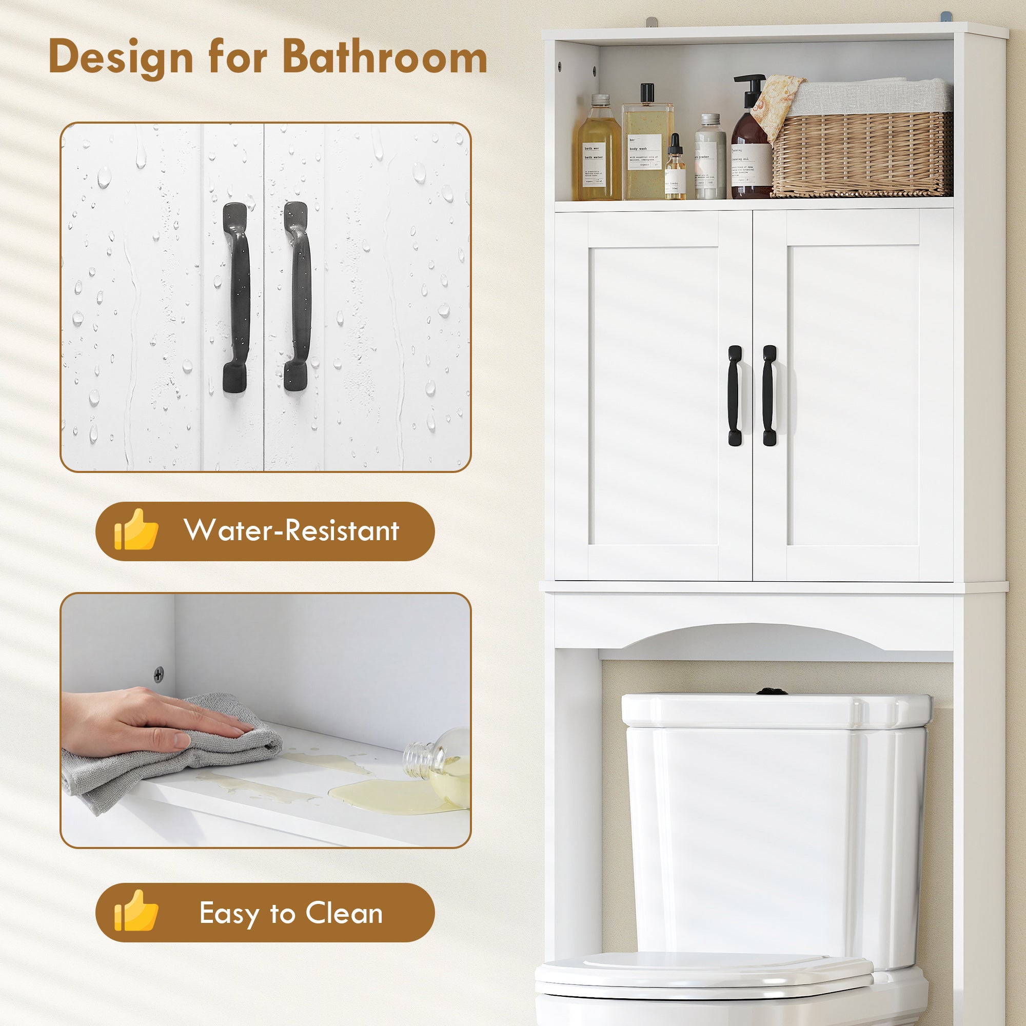 Over the Toilet Storage Cabinet, Over Toilet Bathroom Organizer with 2 Doors and Open Shelf, Freestanding Above Restroom Space Saver for Bathroom, Laundry, Restroom, White