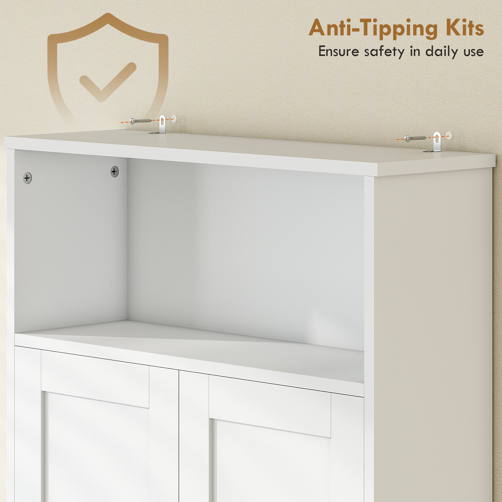 Over the Toilet Storage Cabinet, Over Toilet Bathroom Organizer with 2 Doors and Open Shelf, Freestanding Above Restroom Space Saver for Bathroom, Laundry, Restroom, White
