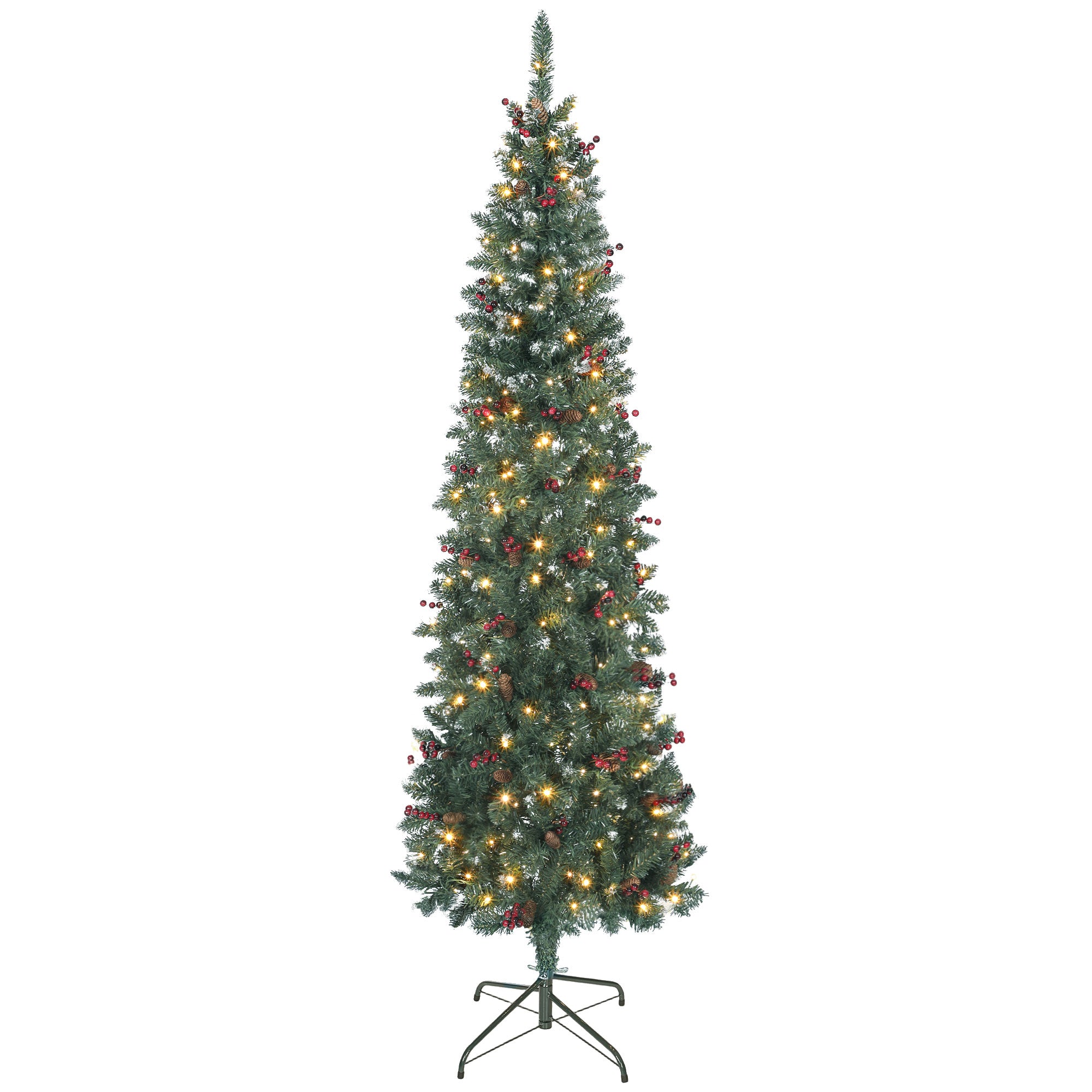 7 ft Prelit Pencil Christmas Tree with Warm White LEDs, Silver Glitter, Pine Cones, Berry Clusters, Dense Pointed Branches, 8 Light Modes, Slim Xmas Tree with Metal Stand